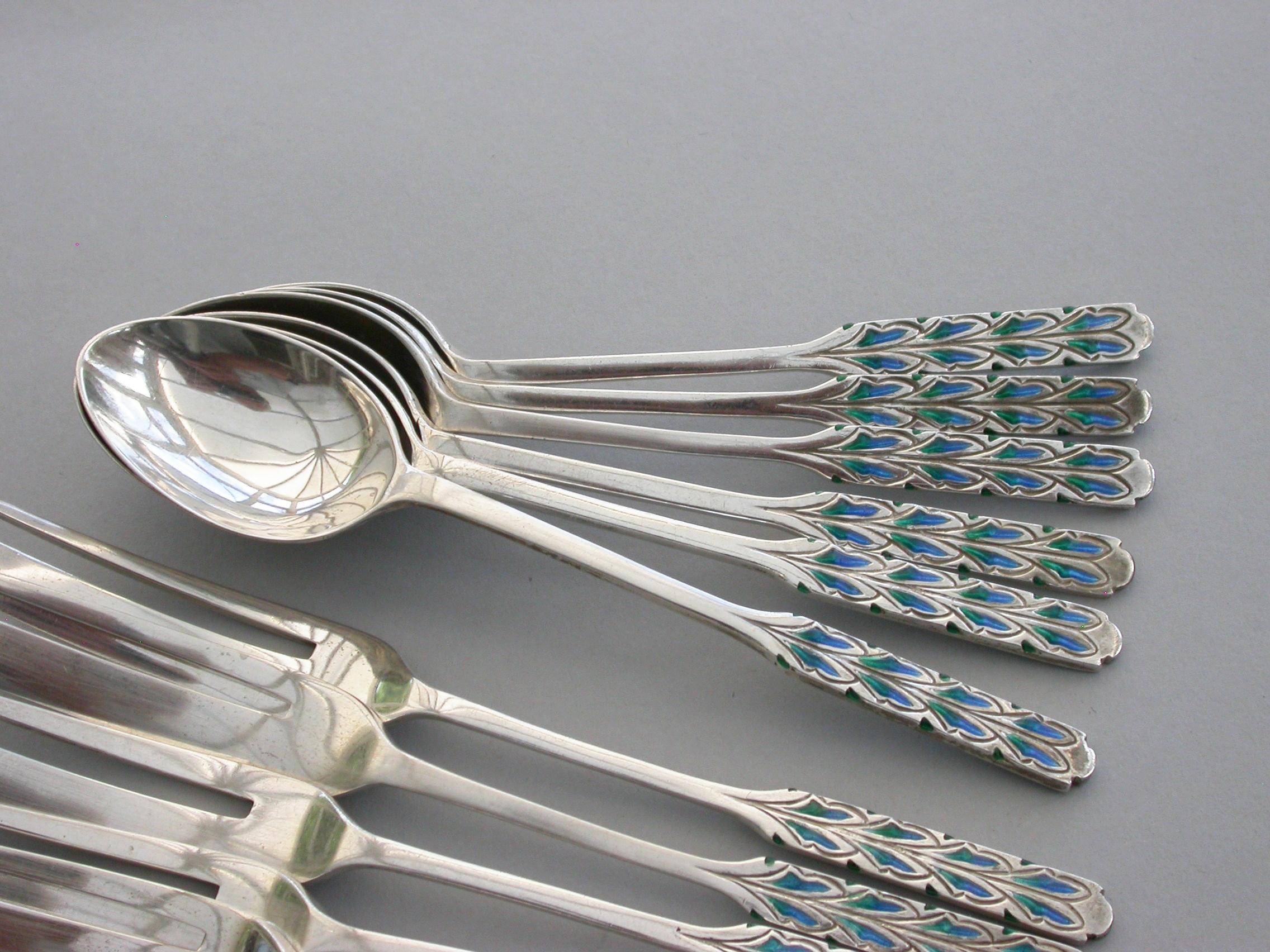Cased Set 12 Silver and Enamel Pastry Spoons & Forks by Liberty & Co, 1927-1928 For Sale 5