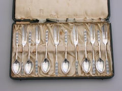 Cased Set 12 Silver and Enamel Pastry Spoons & Forks by Liberty & Co, 1927-1928