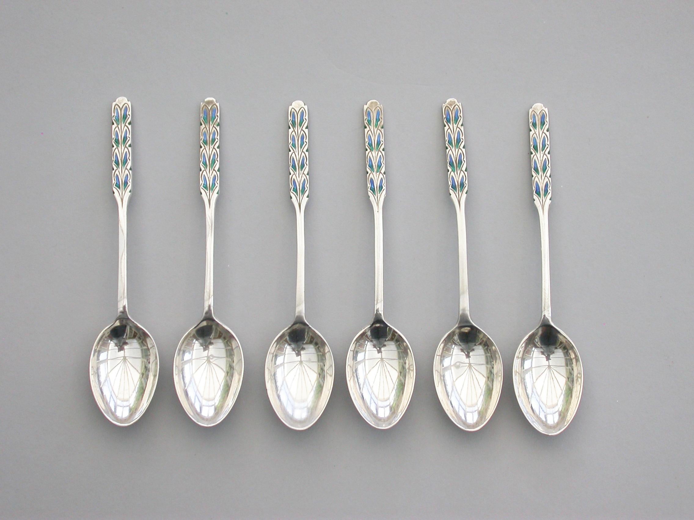 Other Cased Set 12 Silver and Enamel Pastry Spoons & Forks by Liberty & Co, 1927-1928 For Sale
