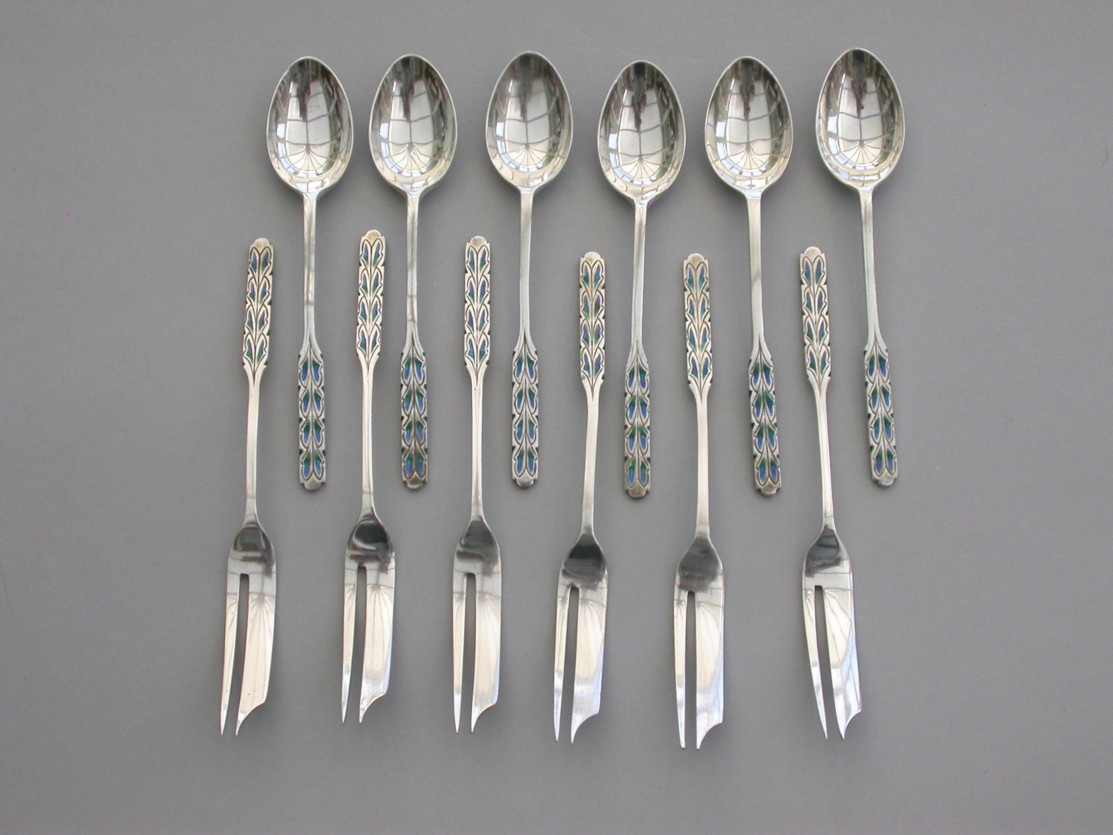 English Cased Set 12 Silver and Enamel Pastry Spoons & Forks by Liberty & Co, 1927-1928 For Sale