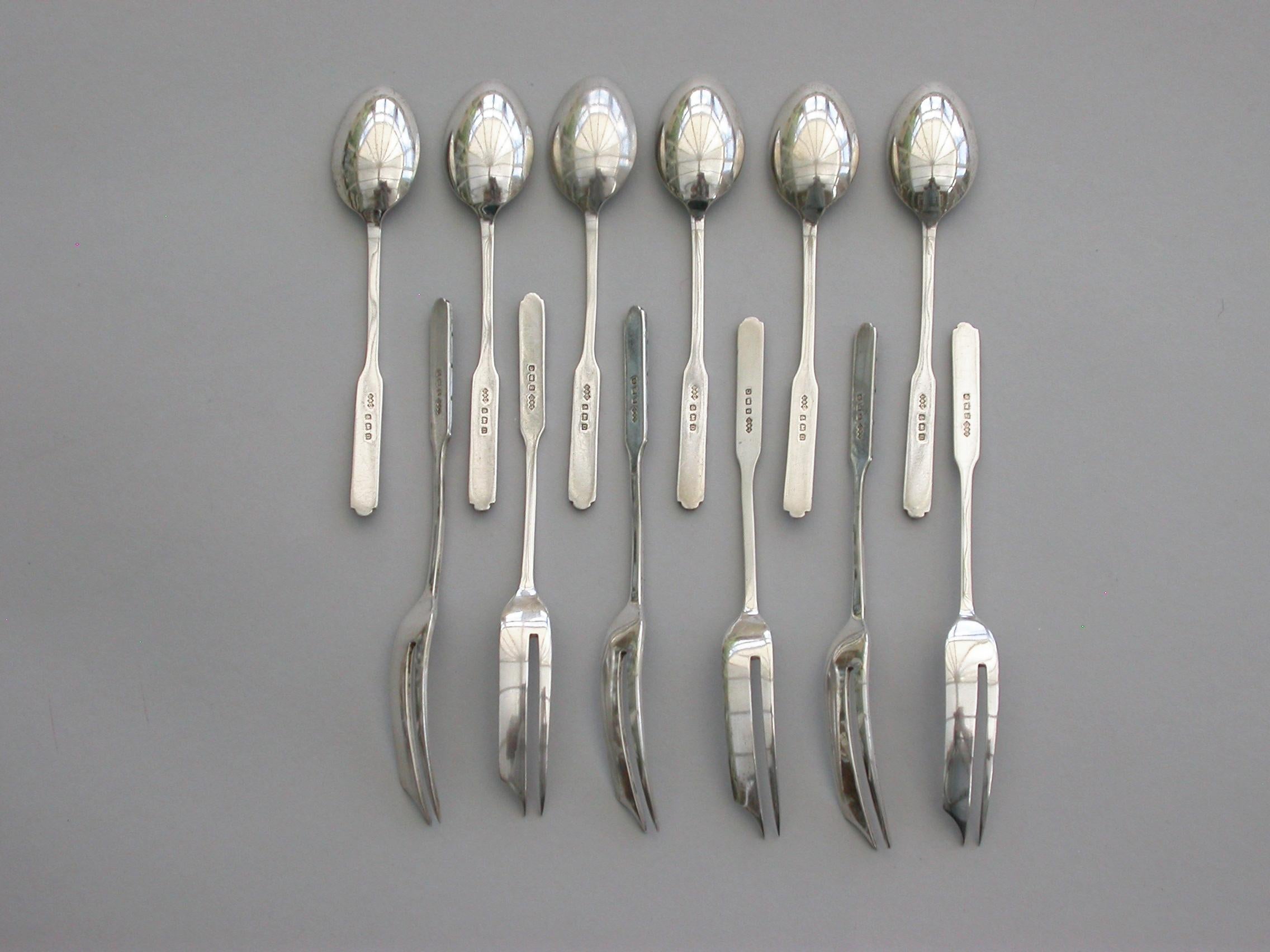 Early 20th Century Cased Set 12 Silver and Enamel Pastry Spoons & Forks by Liberty & Co, 1927-1928 For Sale
