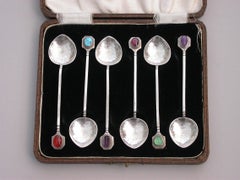 Cased Set of 6 Australian Arts & Crafts Silver and Hardstone Teaspoons
