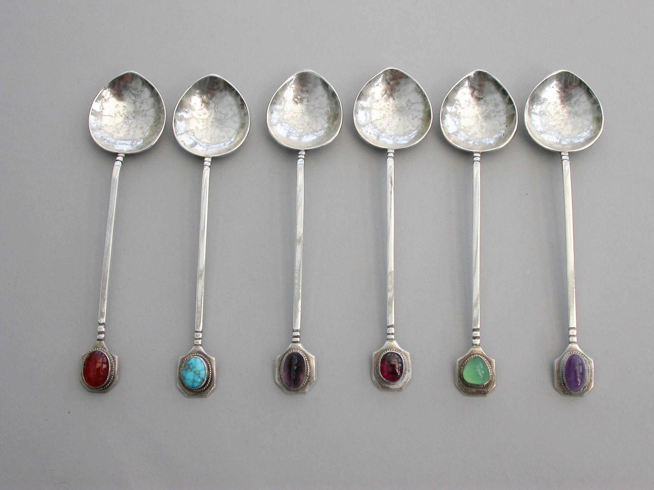 Arts and Crafts Cased Set of 6 Australian Arts & Crafts Silver and Hardstone Teaspoons For Sale