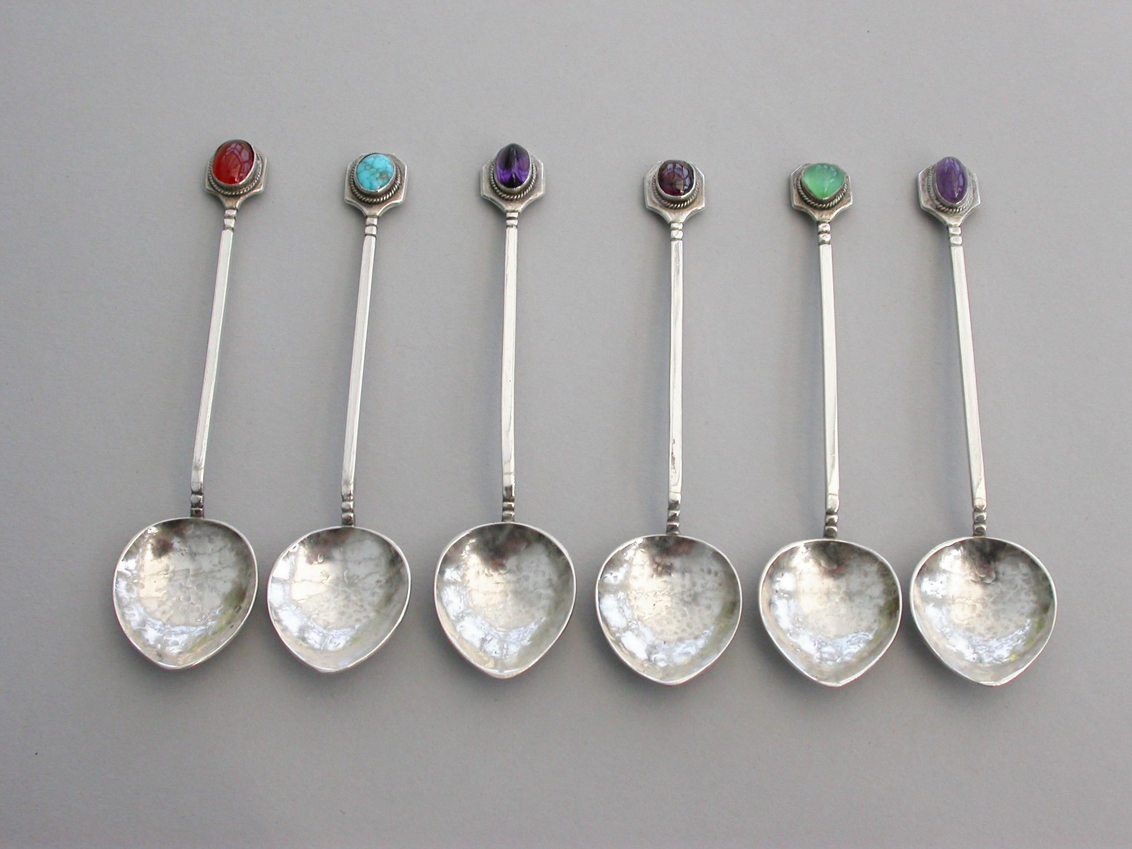 Unknown Cased Set of 6 Australian Arts & Crafts Silver and Hardstone Teaspoons For Sale