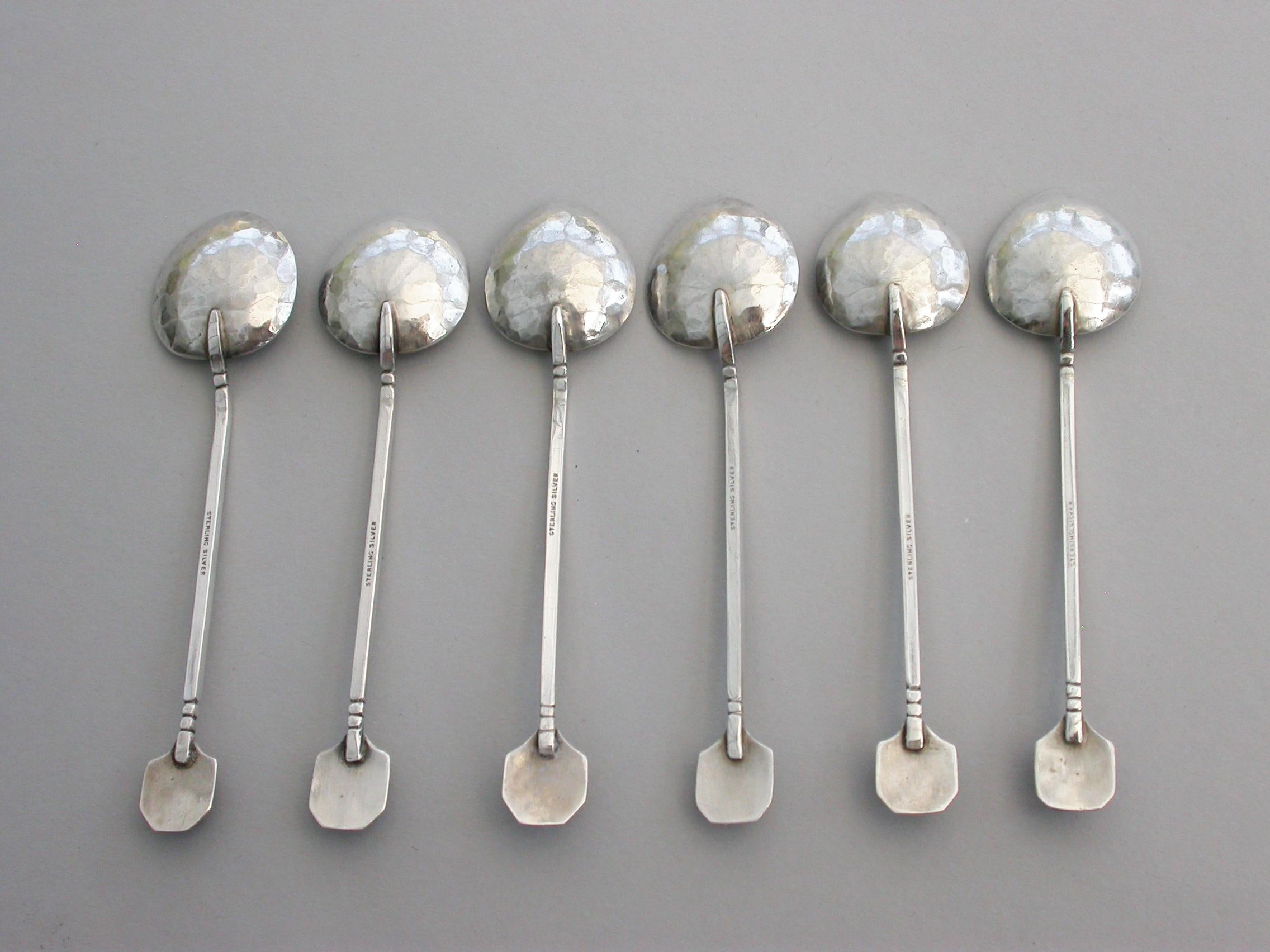 Early 20th Century Cased Set of 6 Australian Arts & Crafts Silver and Hardstone Teaspoons For Sale