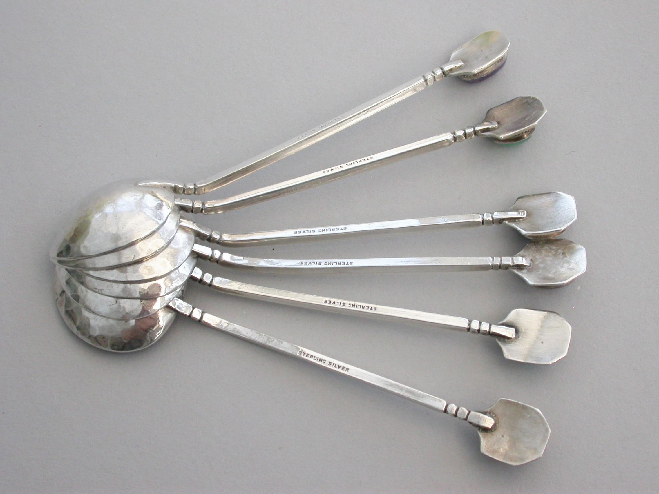 Cased Set of 6 Australian Arts & Crafts Silver and Hardstone Teaspoons For Sale 1