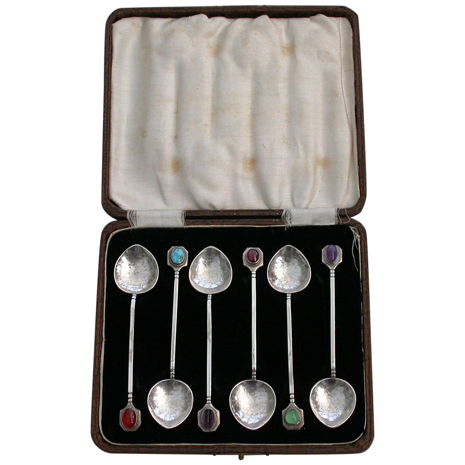 Cased Set of 6 Australian Arts & Crafts Silver and Hardstone Teaspoons For Sale