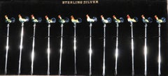 Set of 12 Art Deco Sterling Silver & Enamel Cocktail Picks, USA Circa 1920