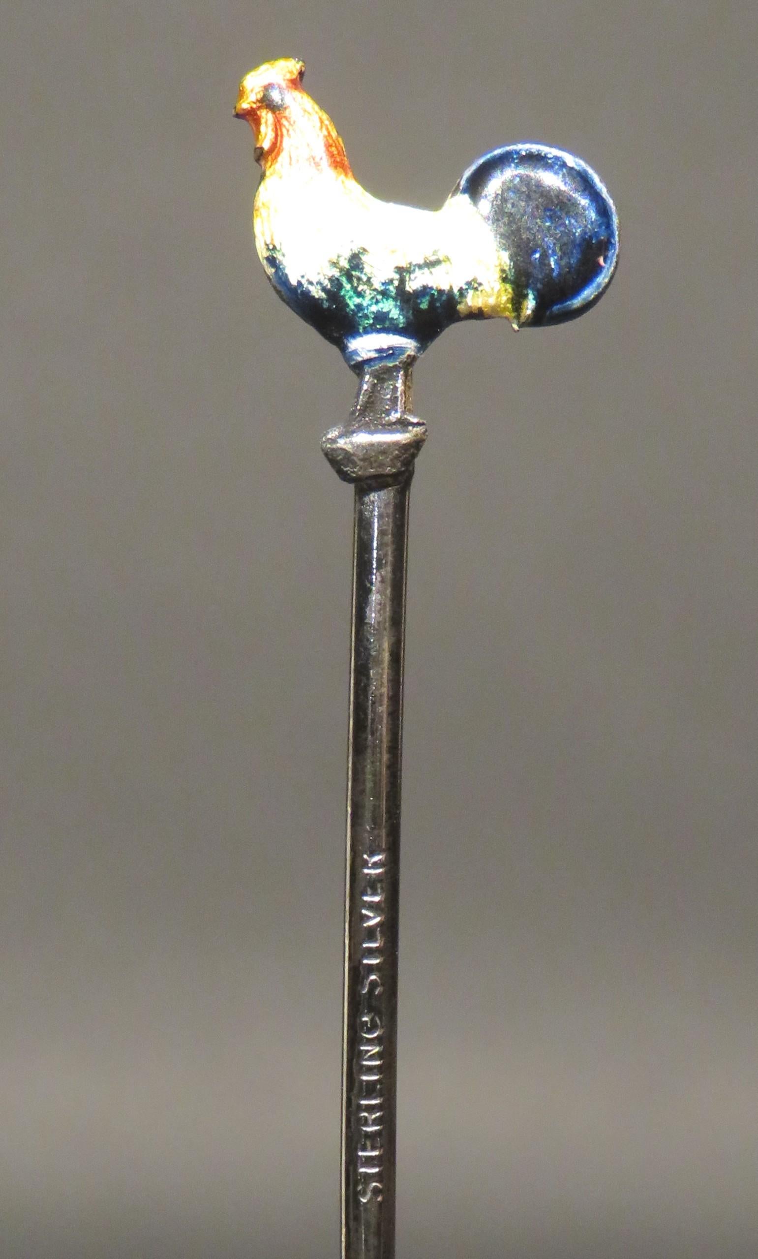 Hand-Painted Set of 12 Art Deco Sterling Silver & Enamel Cocktail Picks, USA Circa 1920