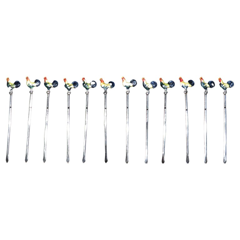 Set of 12 Art Deco Sterling Silver and Enamel Cocktail Picks, USA Circa