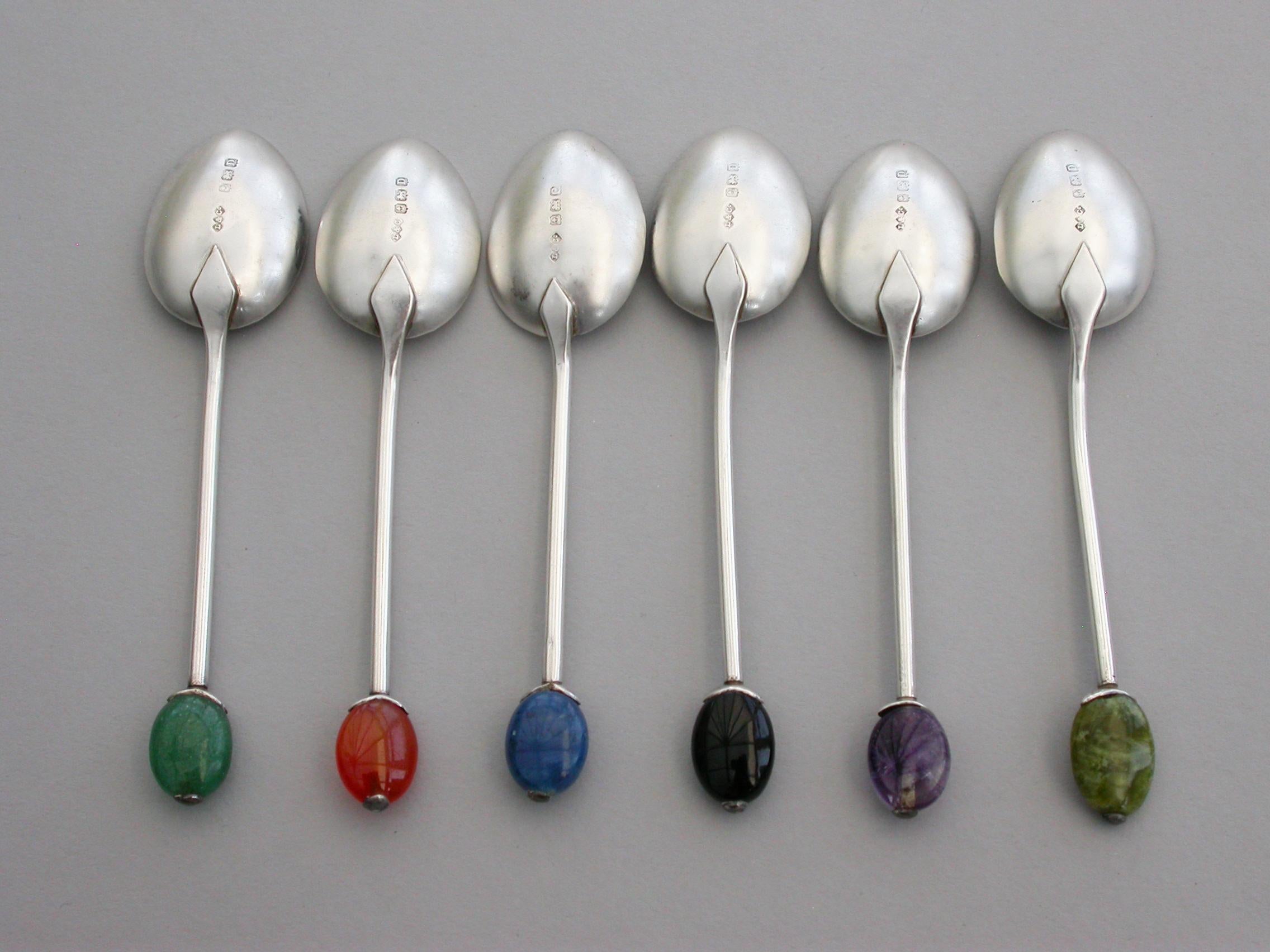 Silver Cased Set of 6 Hardstone Coffee-Bean Spoons, Liberty & Co, Birmingham, 1927-1928 For Sale