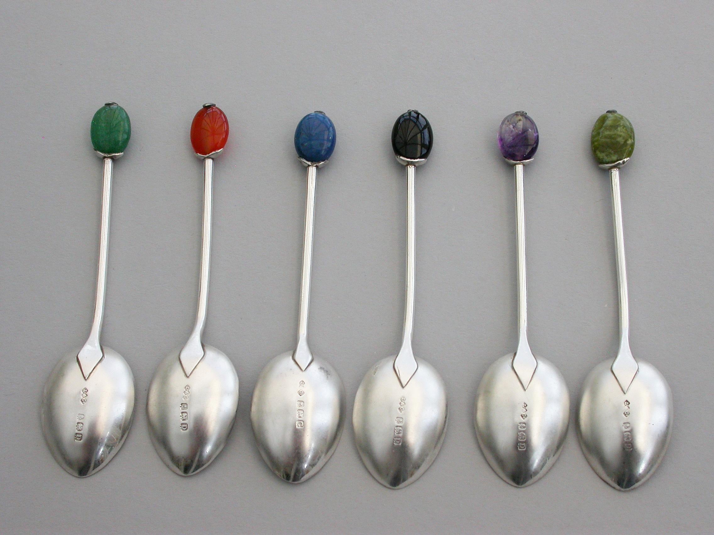 Cased Set of 6 Hardstone Coffee-Bean Spoons, Liberty & Co, Birmingham, 1927-1928 For Sale 1