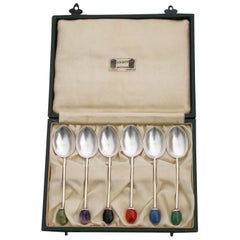Cased Set of 6 Hardstone Coffee-Bean Spoons, Liberty & Co, Birmingham, 1927-1928