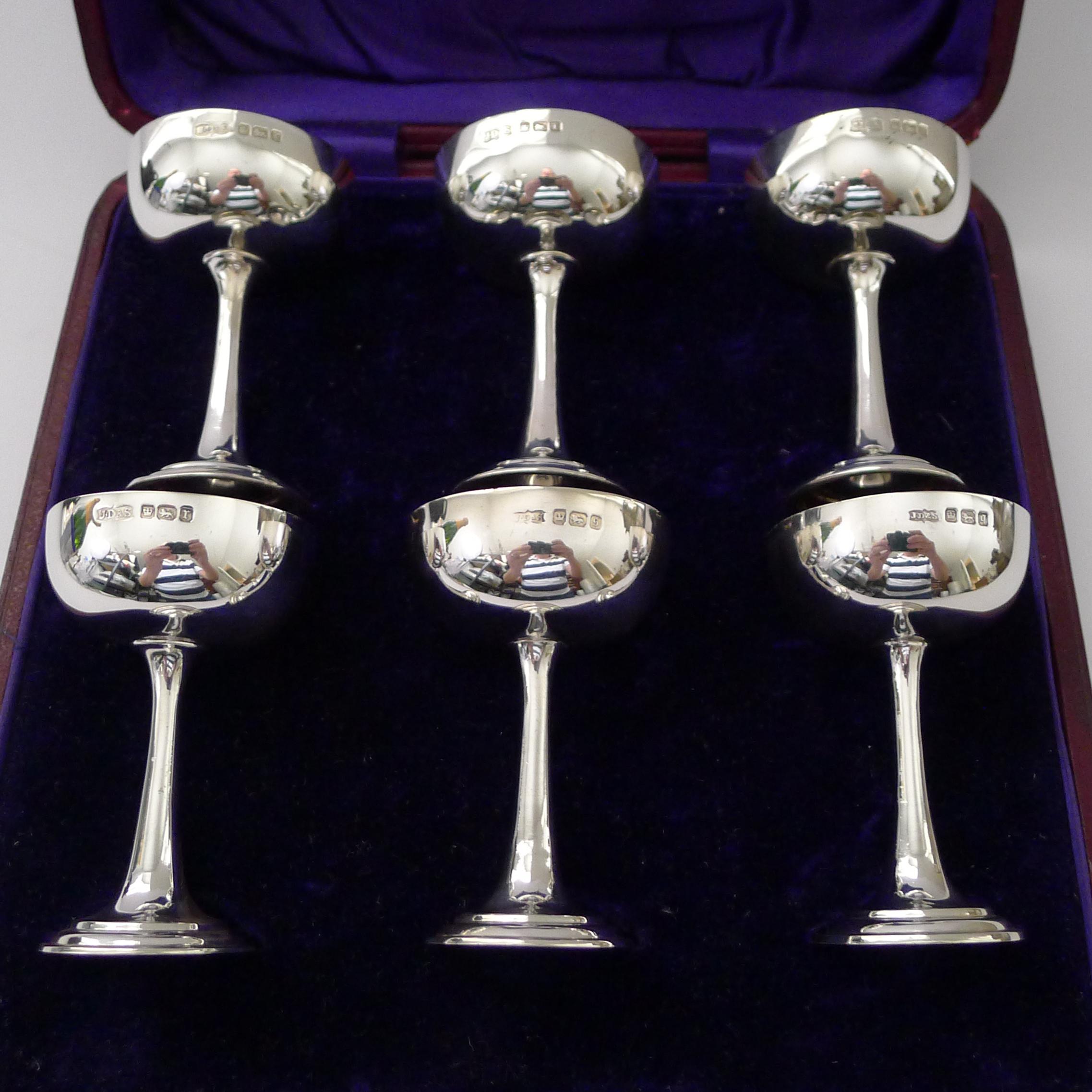A most unusual set of six Edwardian Liqueur Glasses or Tots in the form of Champagne Coupes.

Made from English solid / sterling silver, each piece fully hallmarked for Sheffield 1910, late Edwardian in era.  The makers mark is also present for the