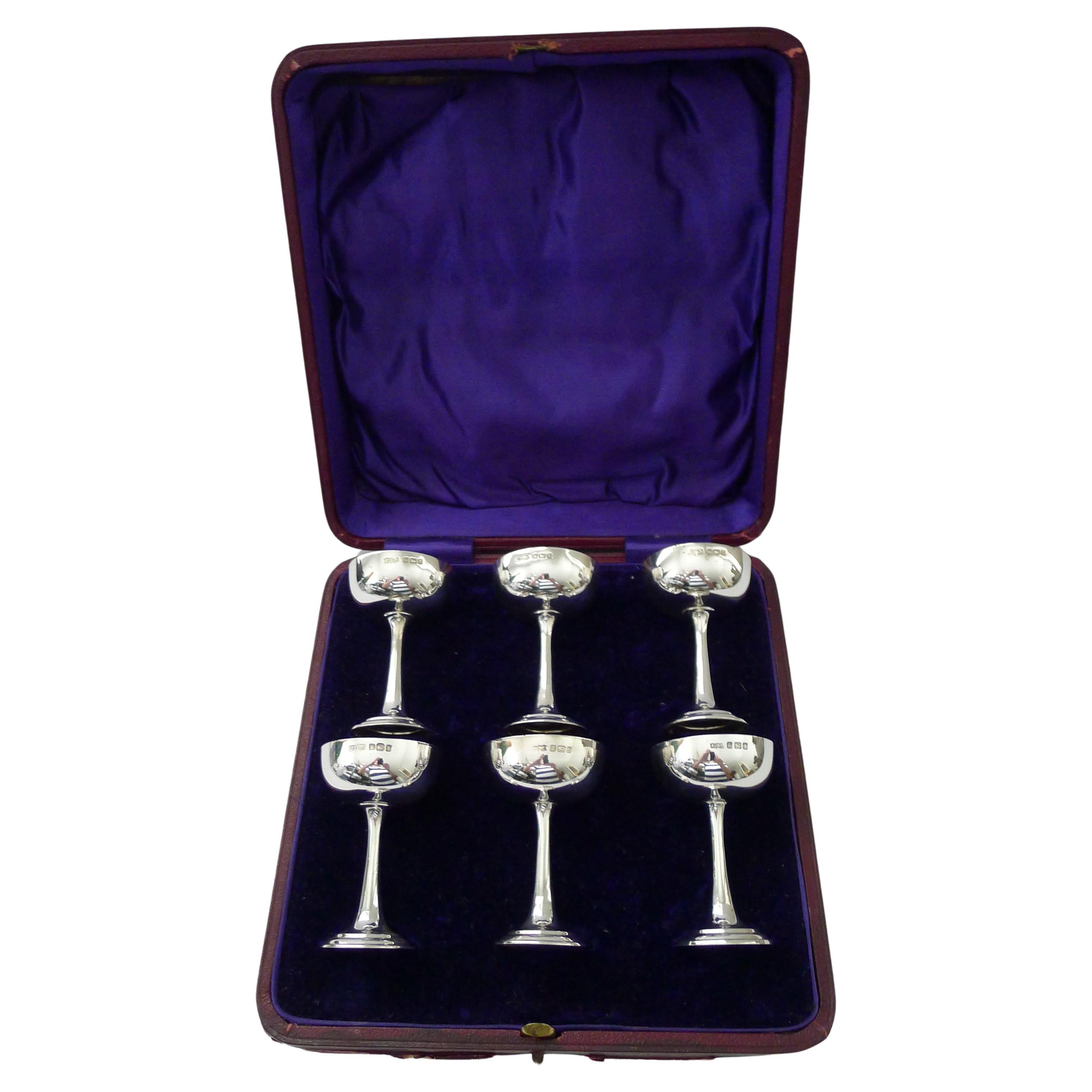  Cased Set of 6 Silver Liqueur 'Champagne Coupes’, James Dixon & Sons, Sheffield For Sale