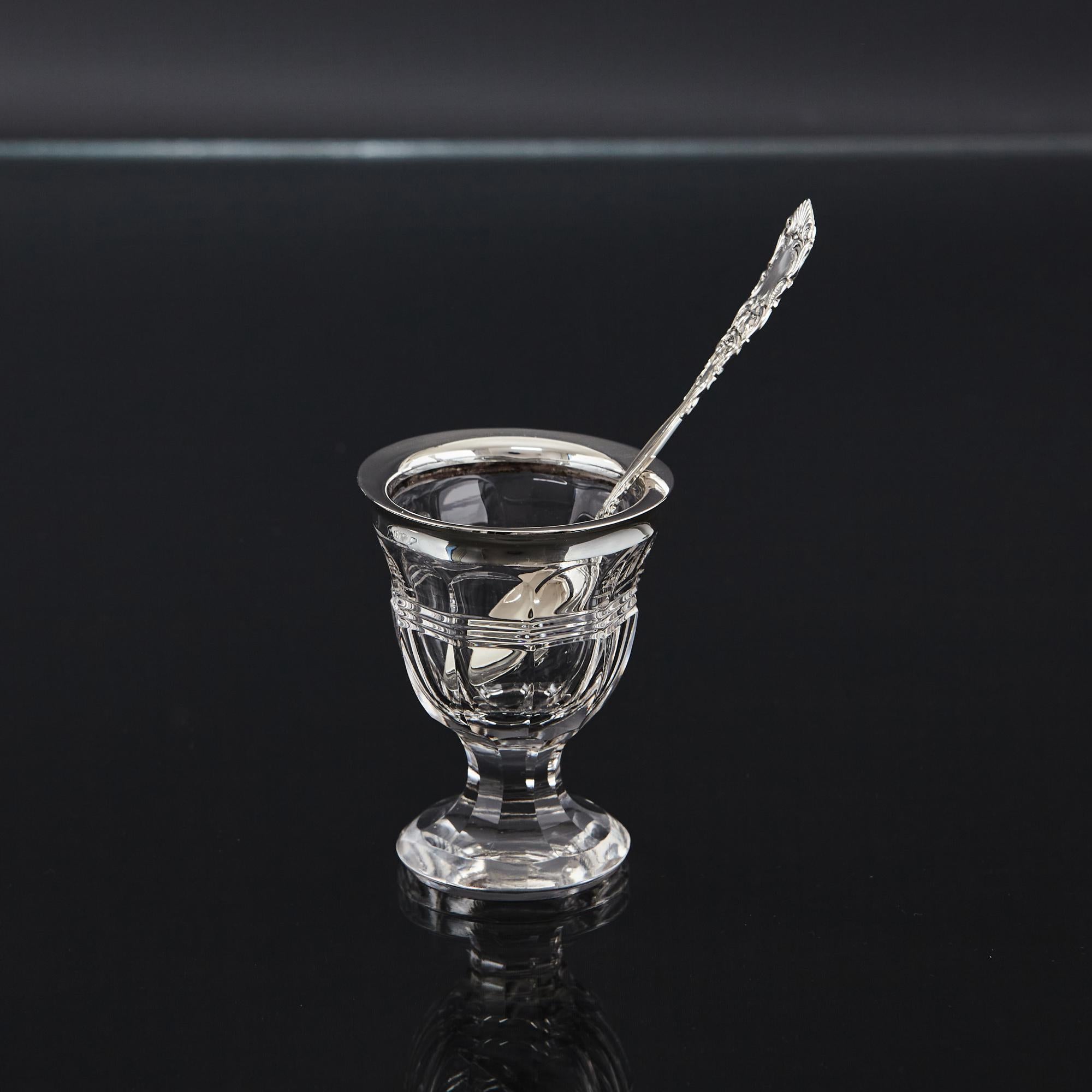English Cased Set of Glass & Silver Egg Cups & Spoons For Sale