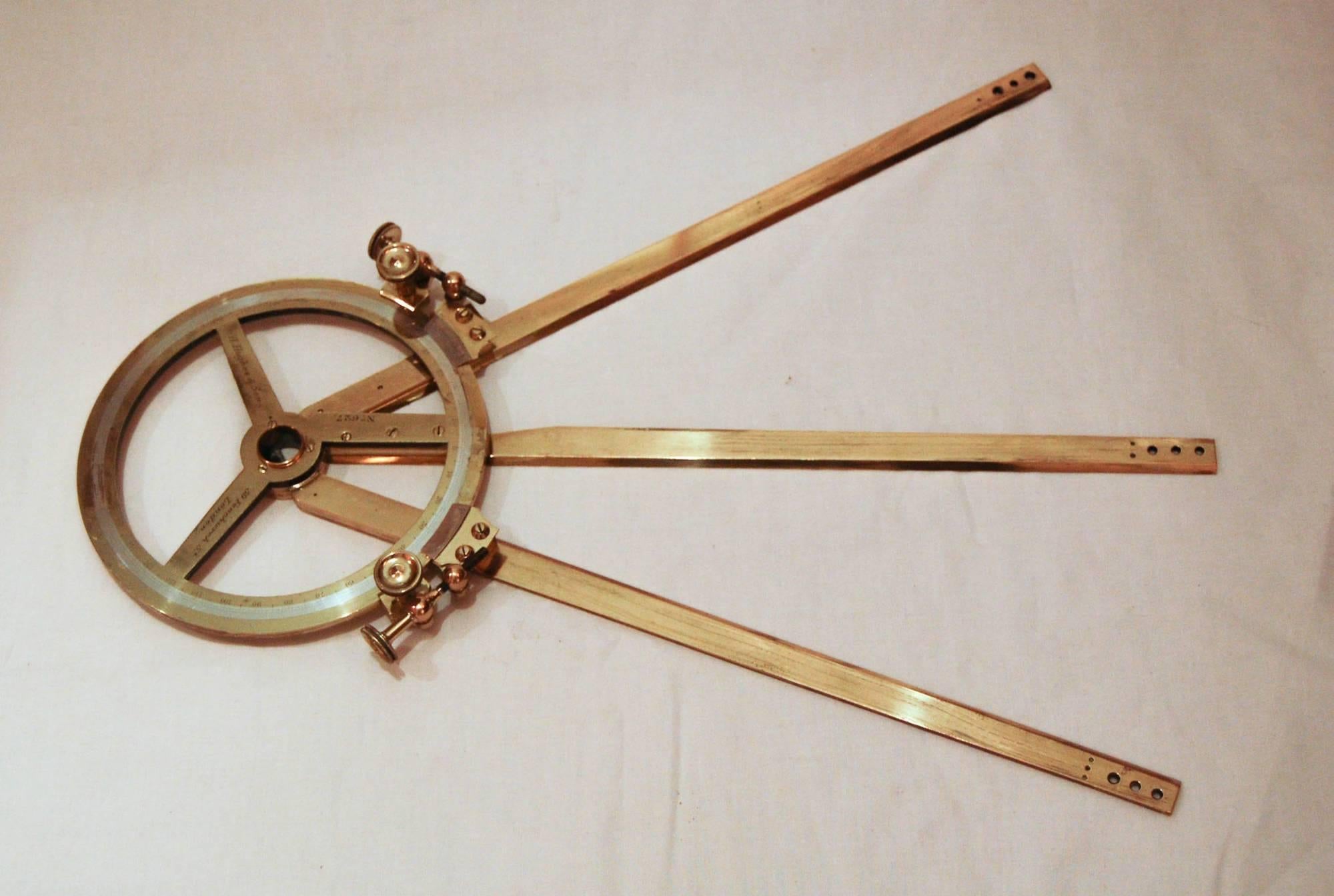 A cased Victorian naval station pointer or three arm protractor by Henry Hughes of 59 Fenchurch Street, London.

Used for coastal navigation, this superbly crafted brass station pointer has a circular silver scale with central indented cross bar