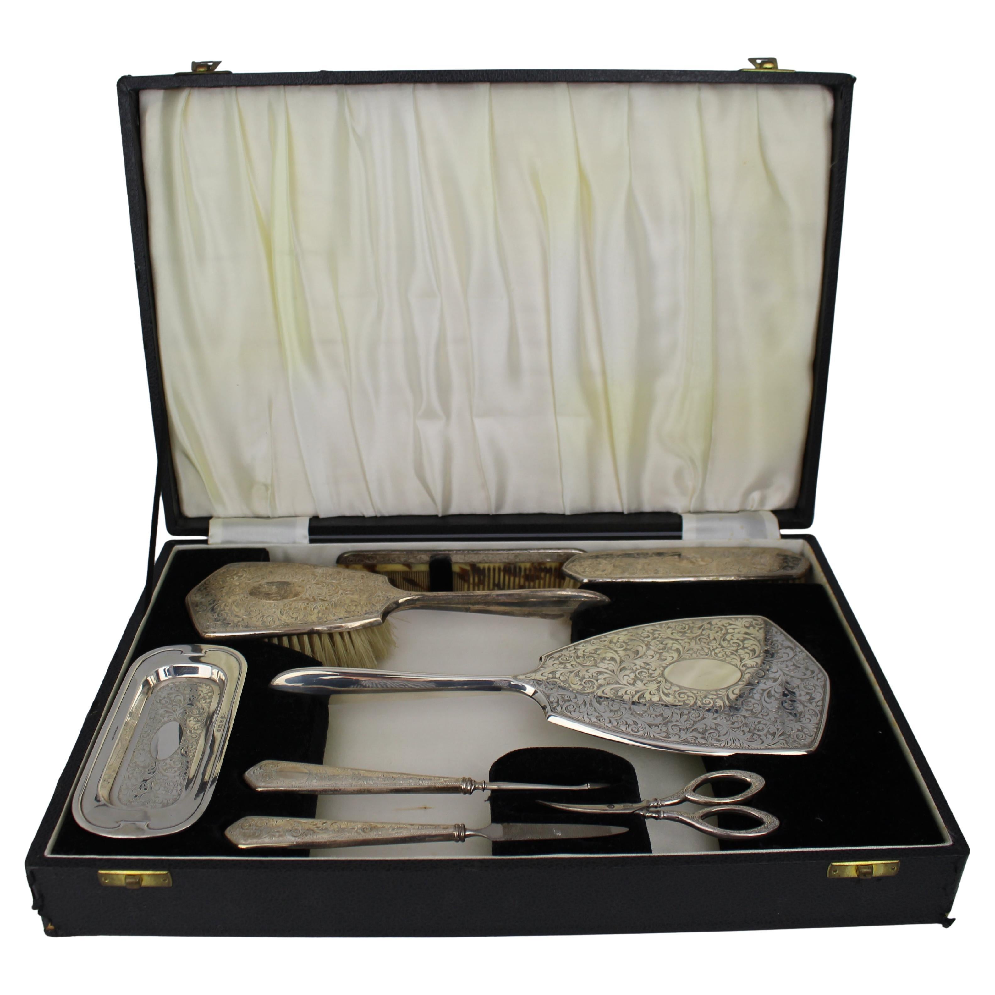 Cased Sterling Silver Vanity Set by Charles S. Green, Birmingham 1947