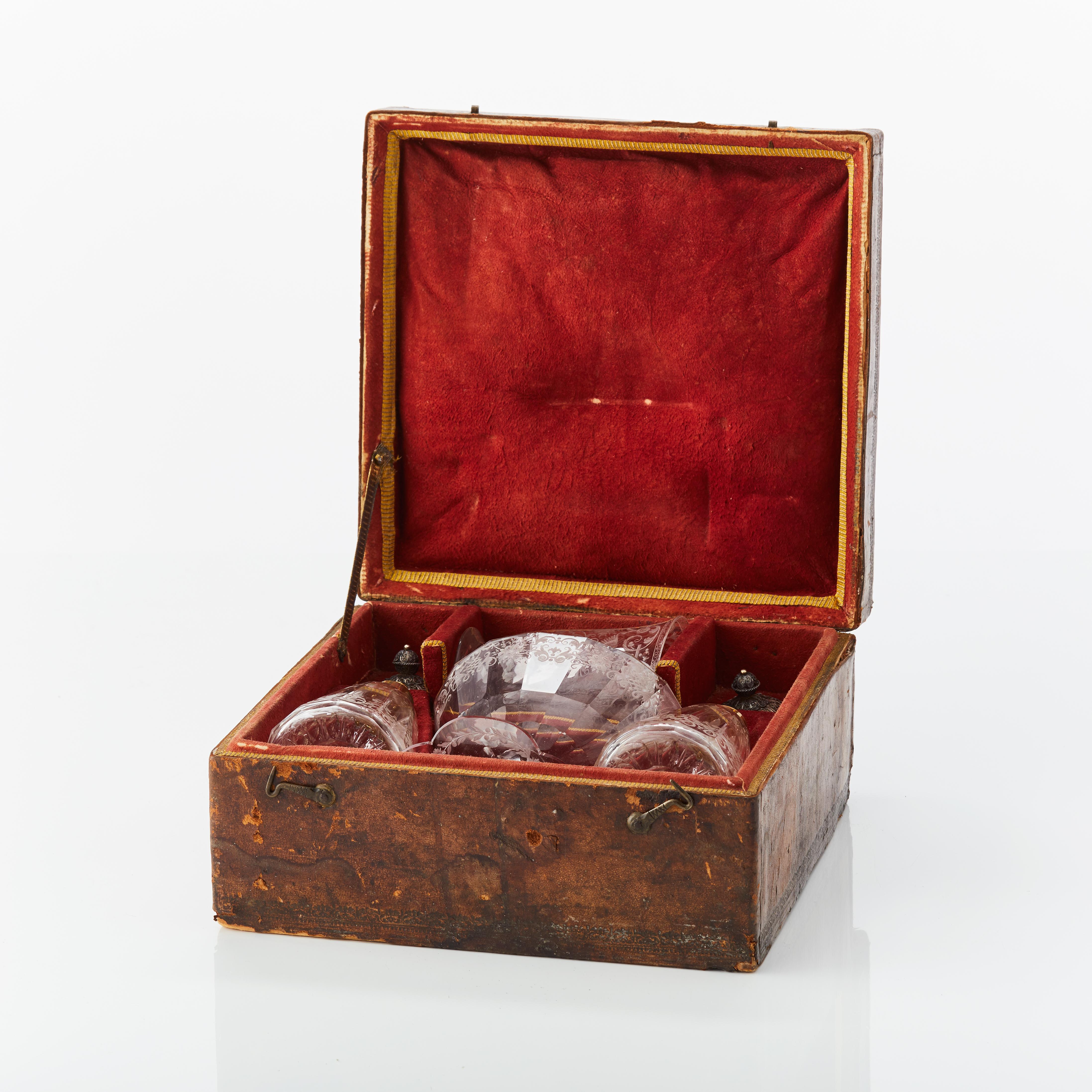 Rococo Cased Travelling Set of Engraved Glass Silesia, circa 1720