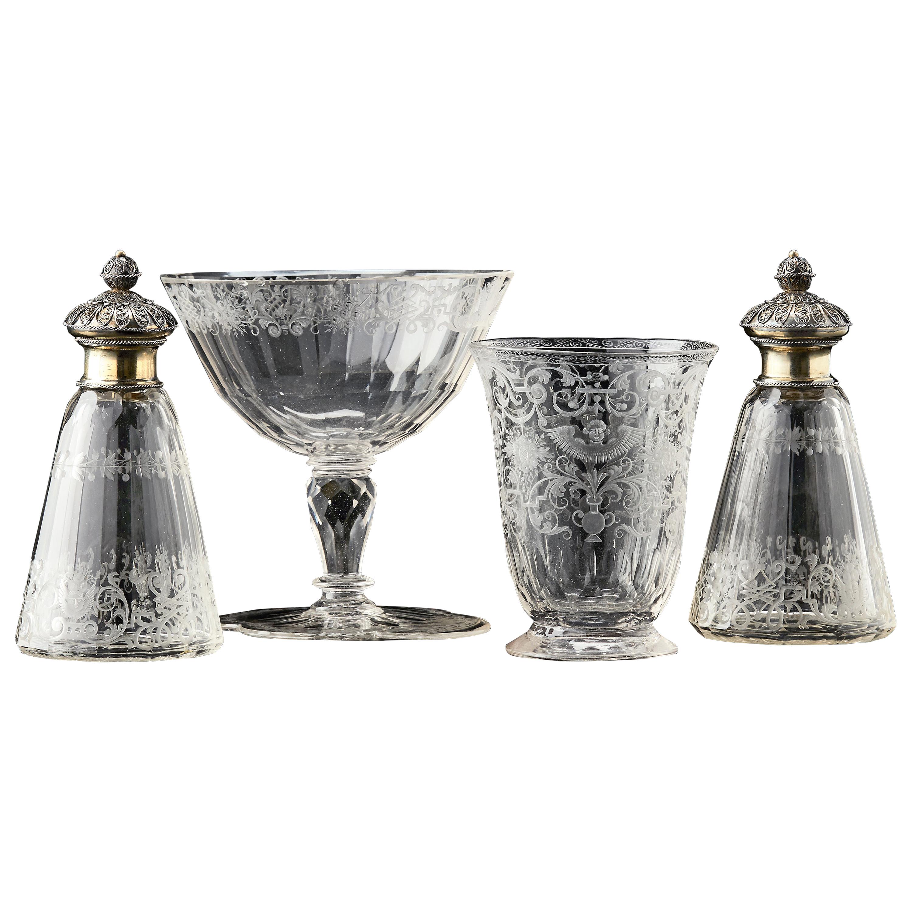 Cased Travelling Set of Engraved Glass Silesia, circa 1720