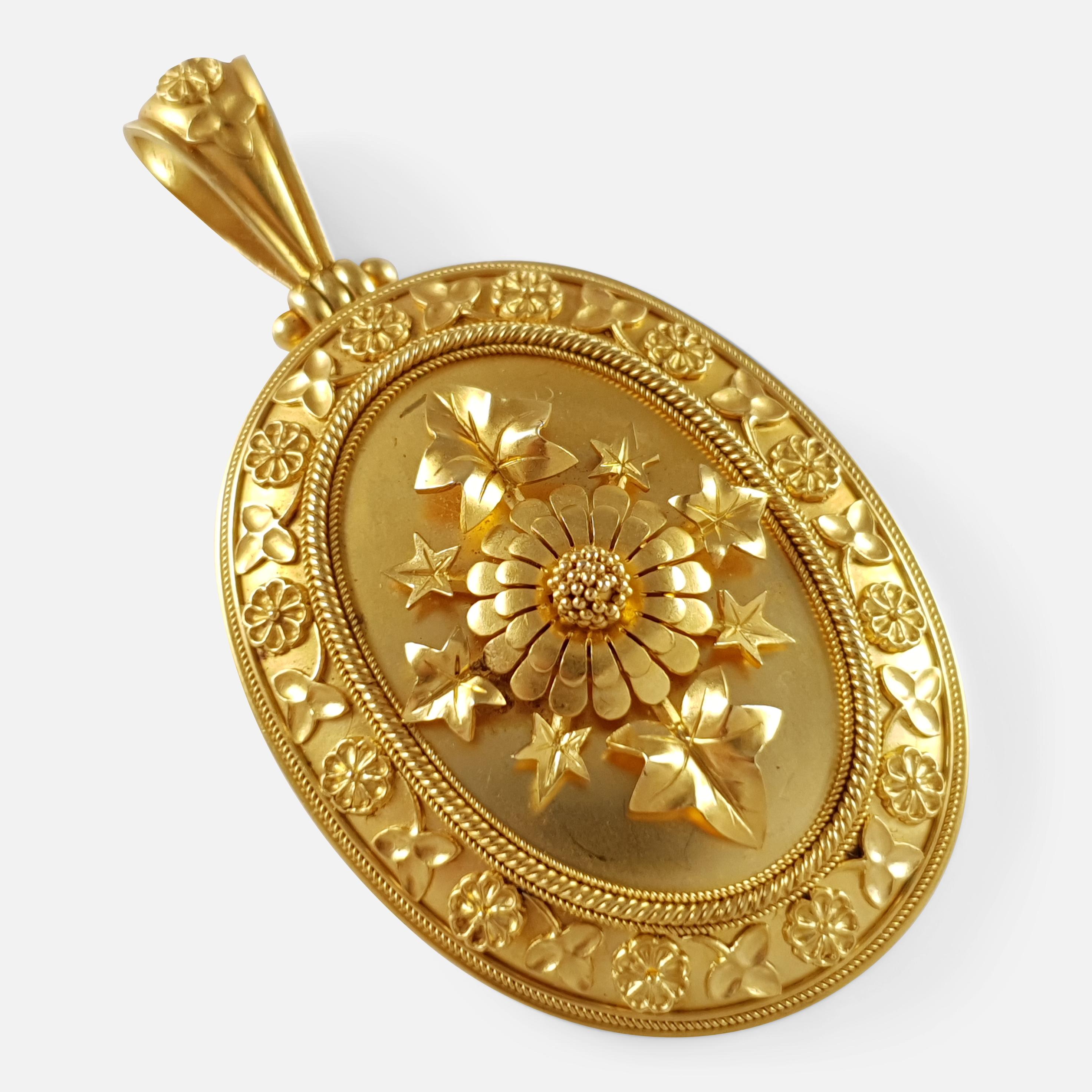 Description: - This is a fabulous antique Victorian 18 karat yellow gold locket. The oval locket is crafted with raised ivy and foliate motifs to the front. The reverse is engraved 'From Major W. T. Walker, 3rd Midd. Reg. R.V. to his wife Claudia