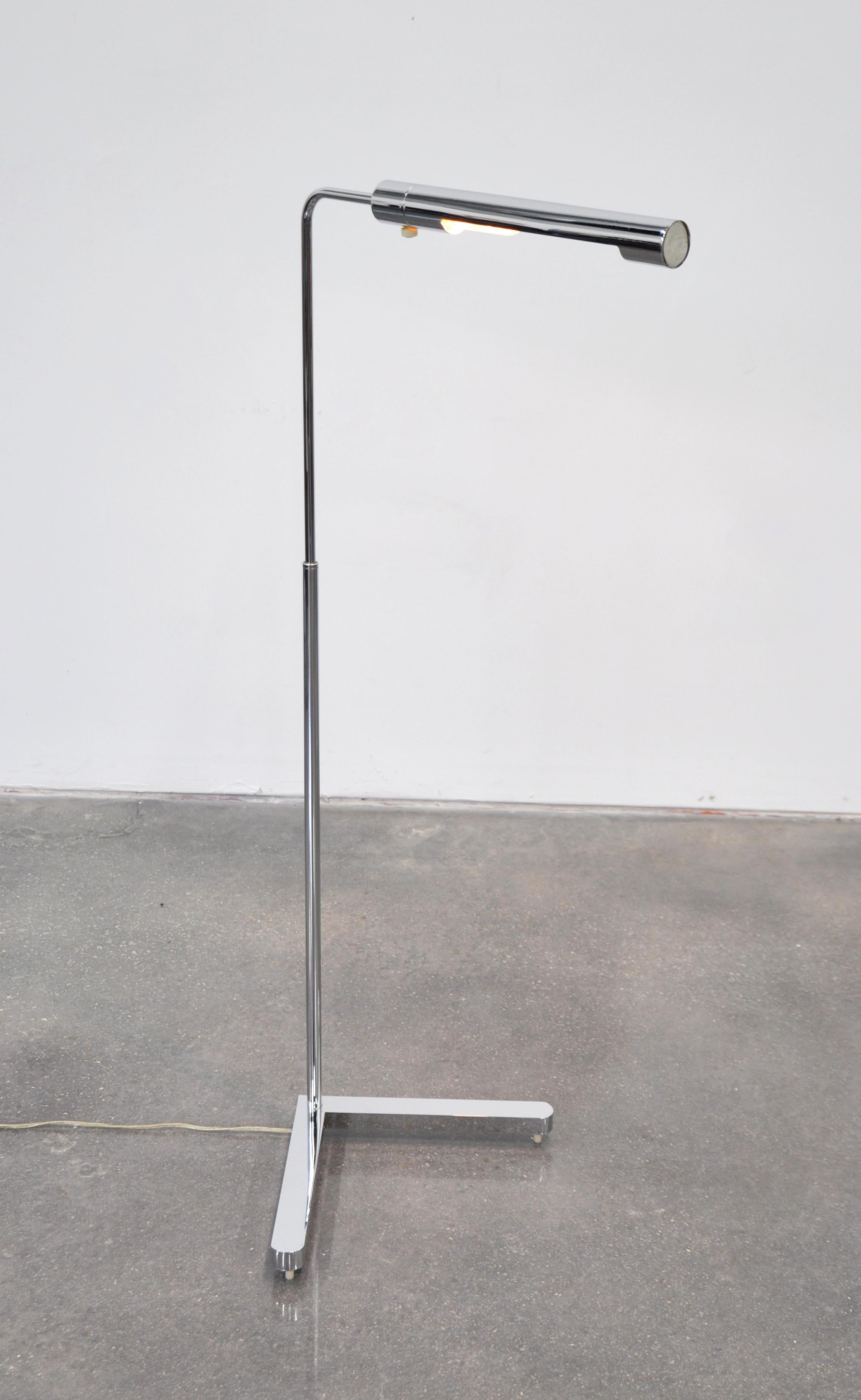 A great vintage Mid-Century Modern pharmacy corner task lamp with polished chrome finish, V-base and a long, cylindrical shade with full range electronic dimmer. The reading lamp, in the Cedric Hartman style, has an adjustable height to a maximum of