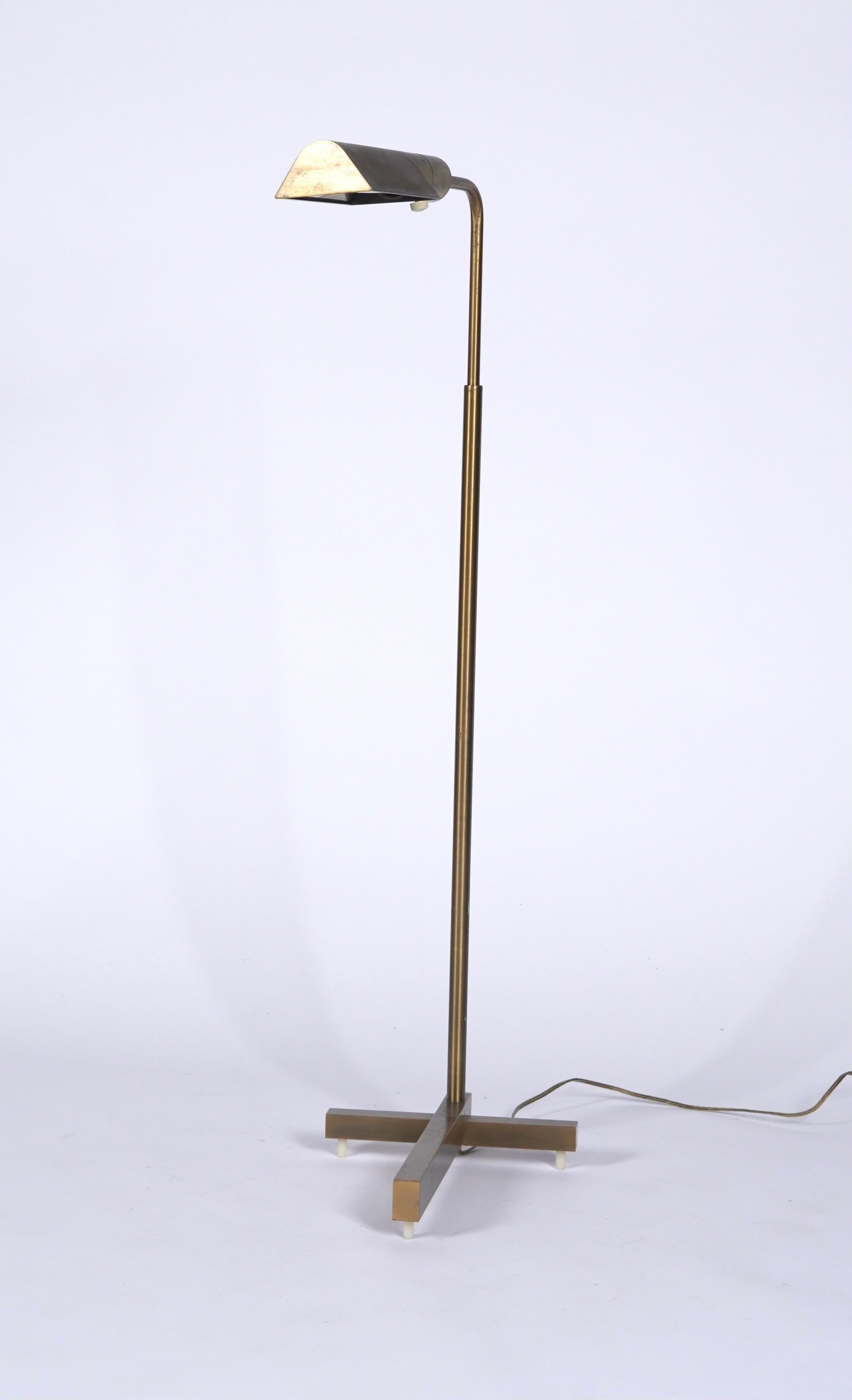 Mid-Century Modern Casella Patinated Brass Height Adjustable Pharmacy Floor Lamp of San Francisco
