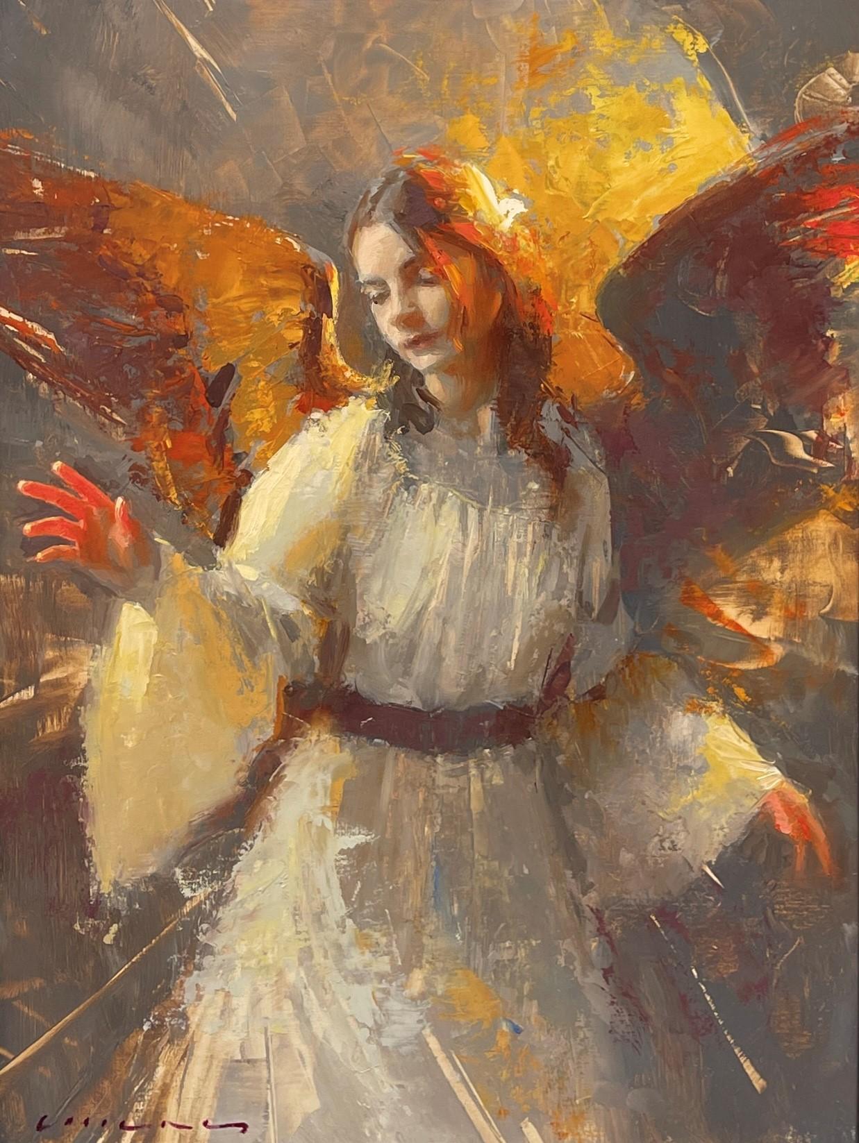 Casey Childs' (US based) "Candescent" is an original, framed oil painting that depicts a female angel. 

Artist Statement:
"My work as a whole encompasses an exploration of the human experience. My interest in the people around me comes from the
