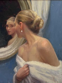 "Riflesso" di Casey Childs, pittura a olio, figura femminile riflessa (2021)