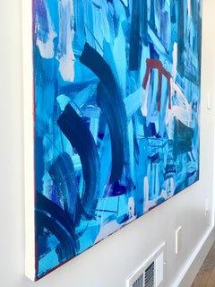 Monotipo abstracto "Arriba", tinta azul, blanca y roja sobre papel, por Casey Haugh