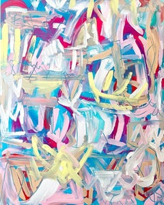 Monotipo astratto 'Lotus', inchiostro blu rosa giallo su carta, di Casey Haugh