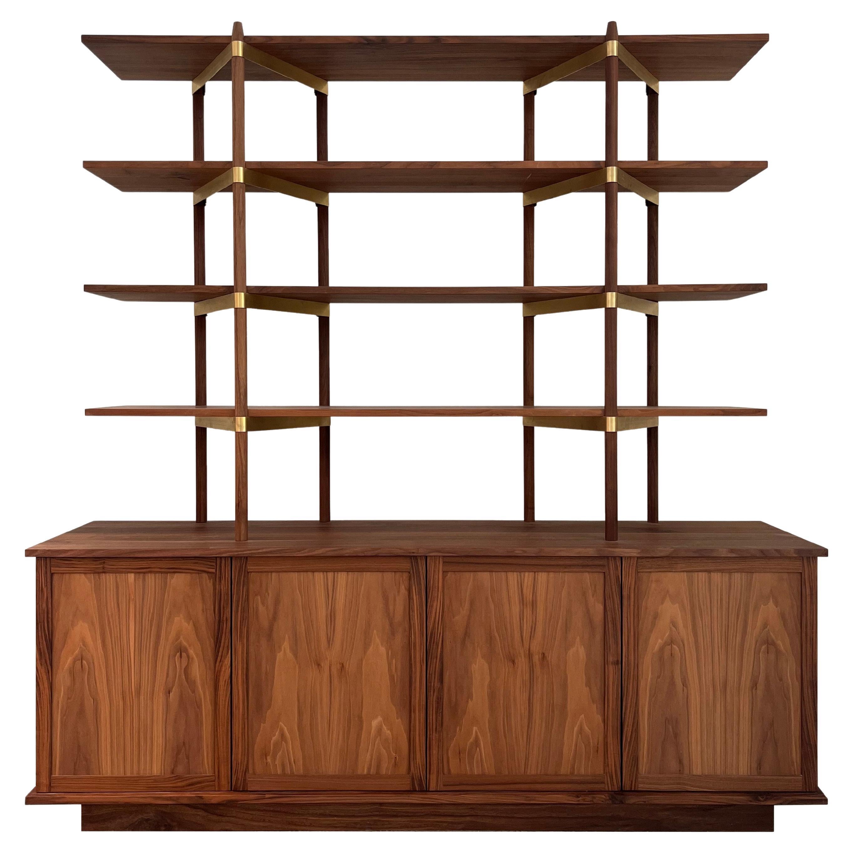 Casey Lurie Studio Modern "Primo" Shelving System in Walnut & Brass with Cabinet For Sale