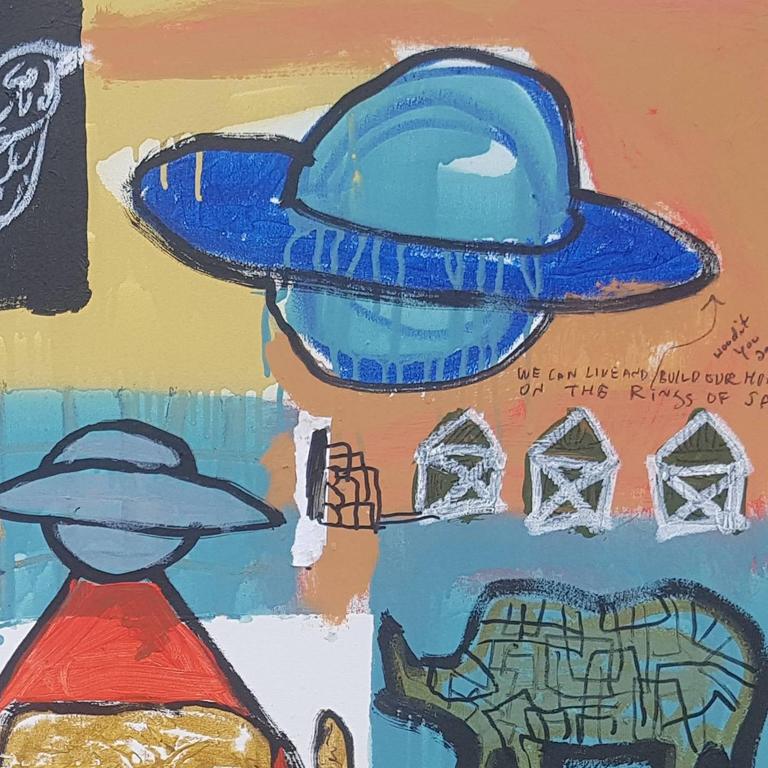 This mixed media painting focuses on alien spaceships taking people, presumably as they are getting their groceries. Flying saucers abduct horses, musicians, and mediators alike in a red beam. Birds, horses, and rhinos also roam the painting. The