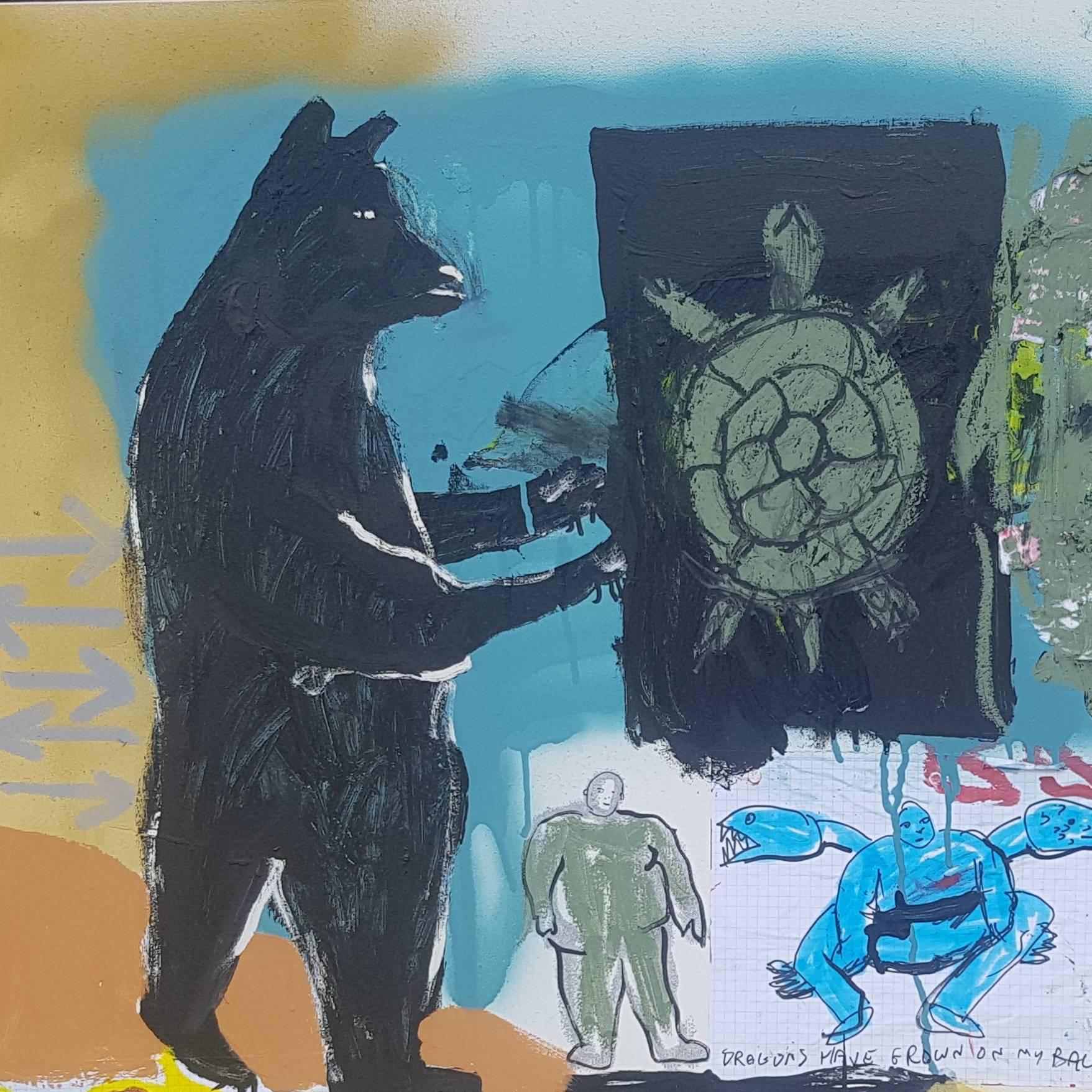 In questo quadro orsi, tartarughe, giraffe e così via giocano nella metà superiore della composizione. Sotto questi animali ci sono varie figure e motociclette, che si può presumere siano la 