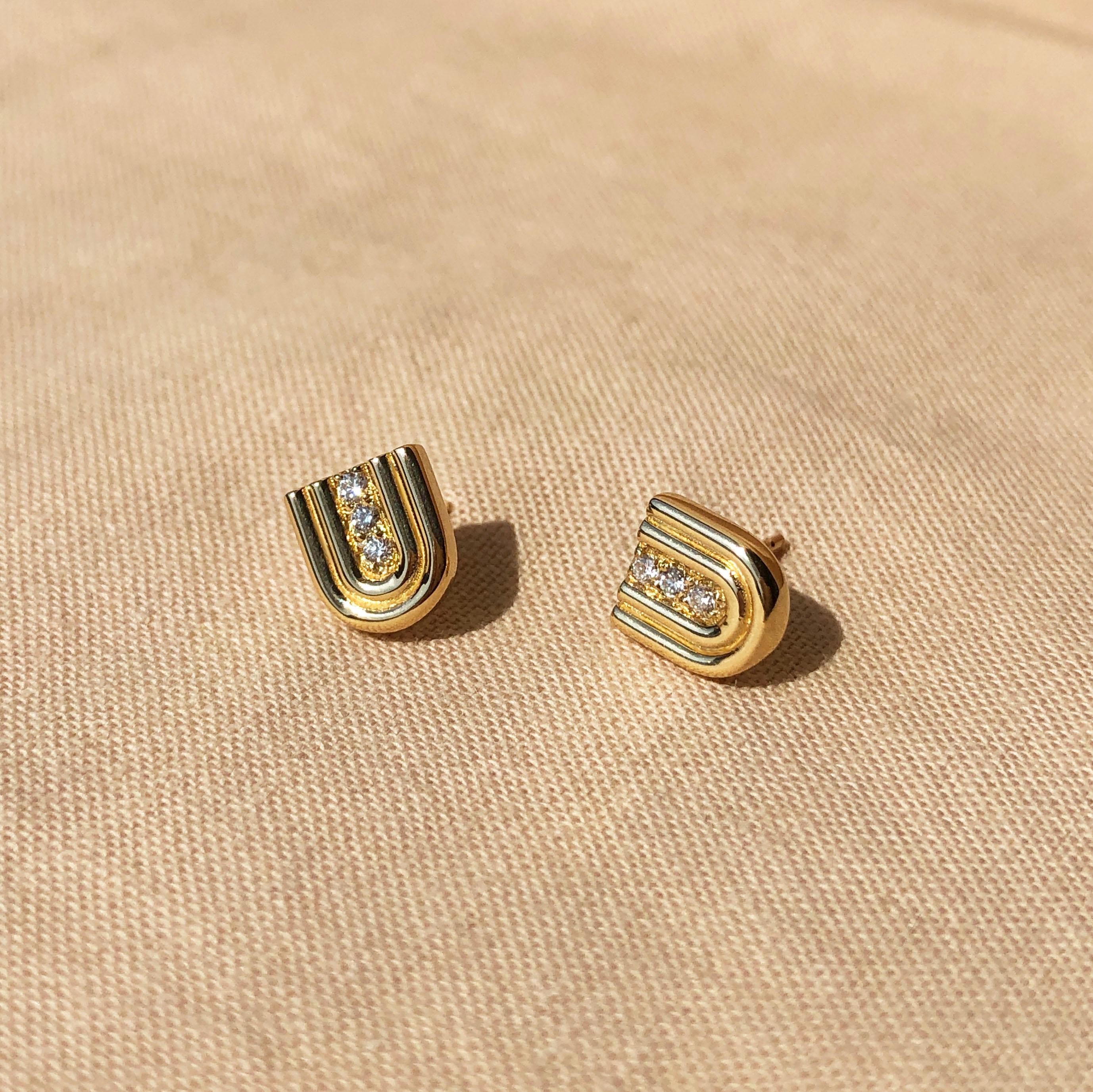 Brilliant Cut Casey Perez 14k Banded Gold Nova Studs with Diamond Pave For Sale