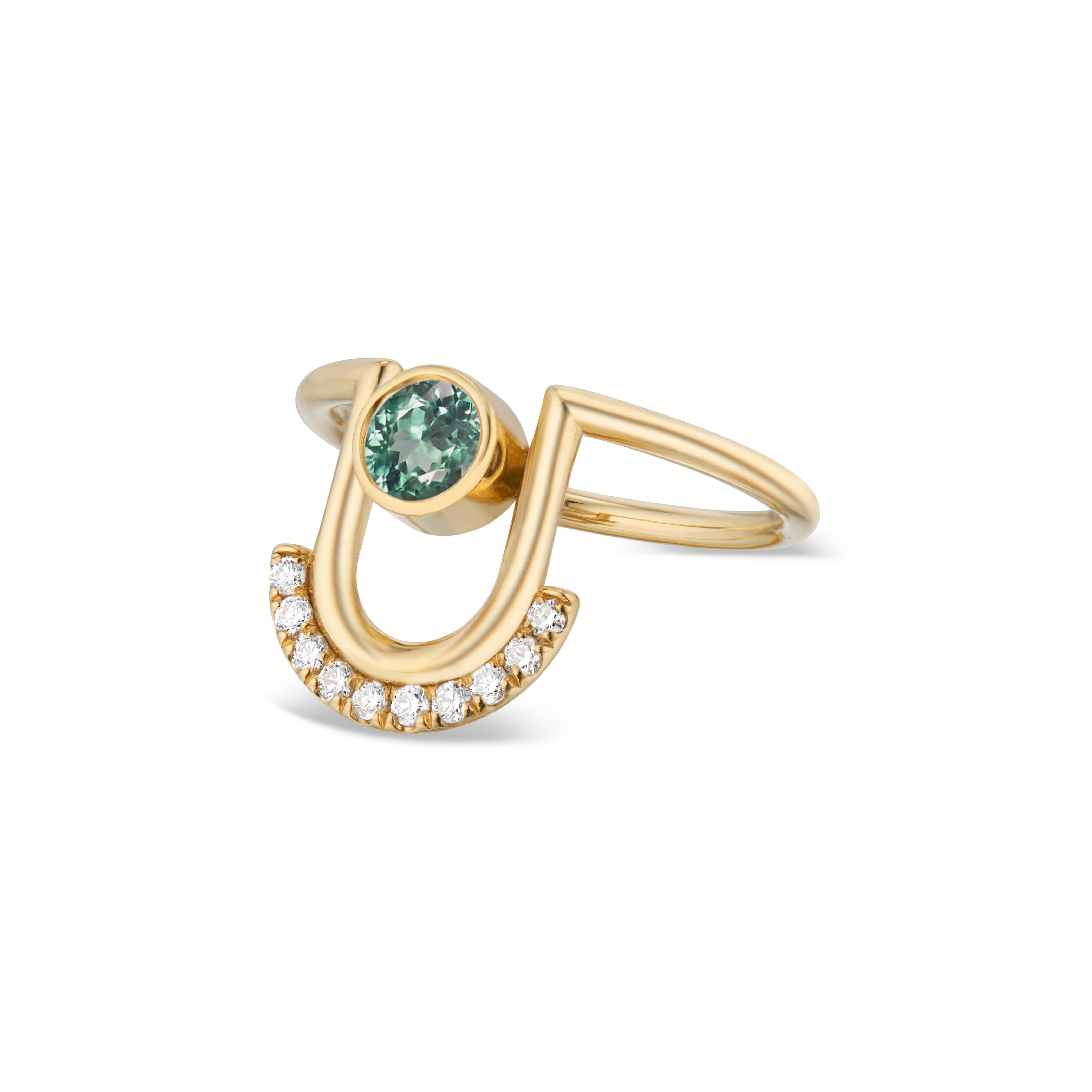 Brilliant Cut Casey Perez 14K Gold Modern Arc Ring with Banded Detail with Green Tourmaline For Sale