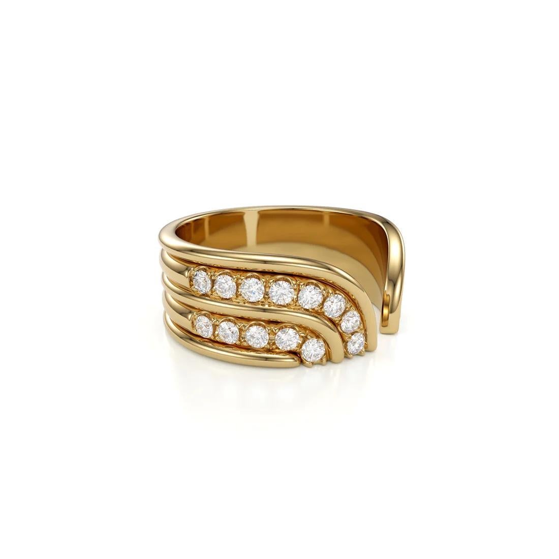 This modern yet minimal ring exudes chic and elegance. Meticulously crafted, its crisp banded detail boasts alternating rows of pave diamonds that seamlessly curve and embrace the finger with a graceful flourish. This piece radiates an aura of