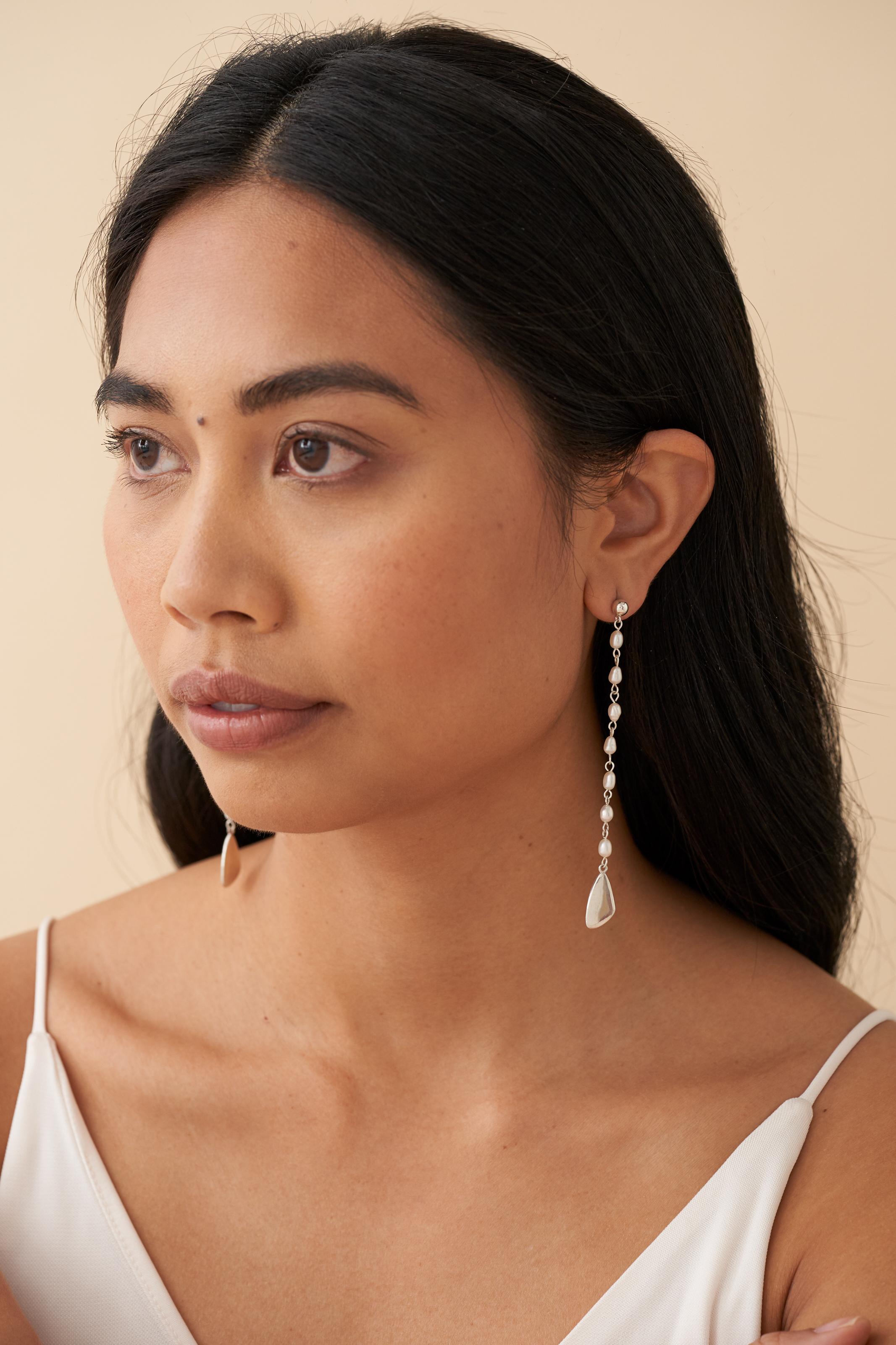 Bead Casey Perez Freshwater Pearl and Sterling Silver Long Linear earrings For Sale
