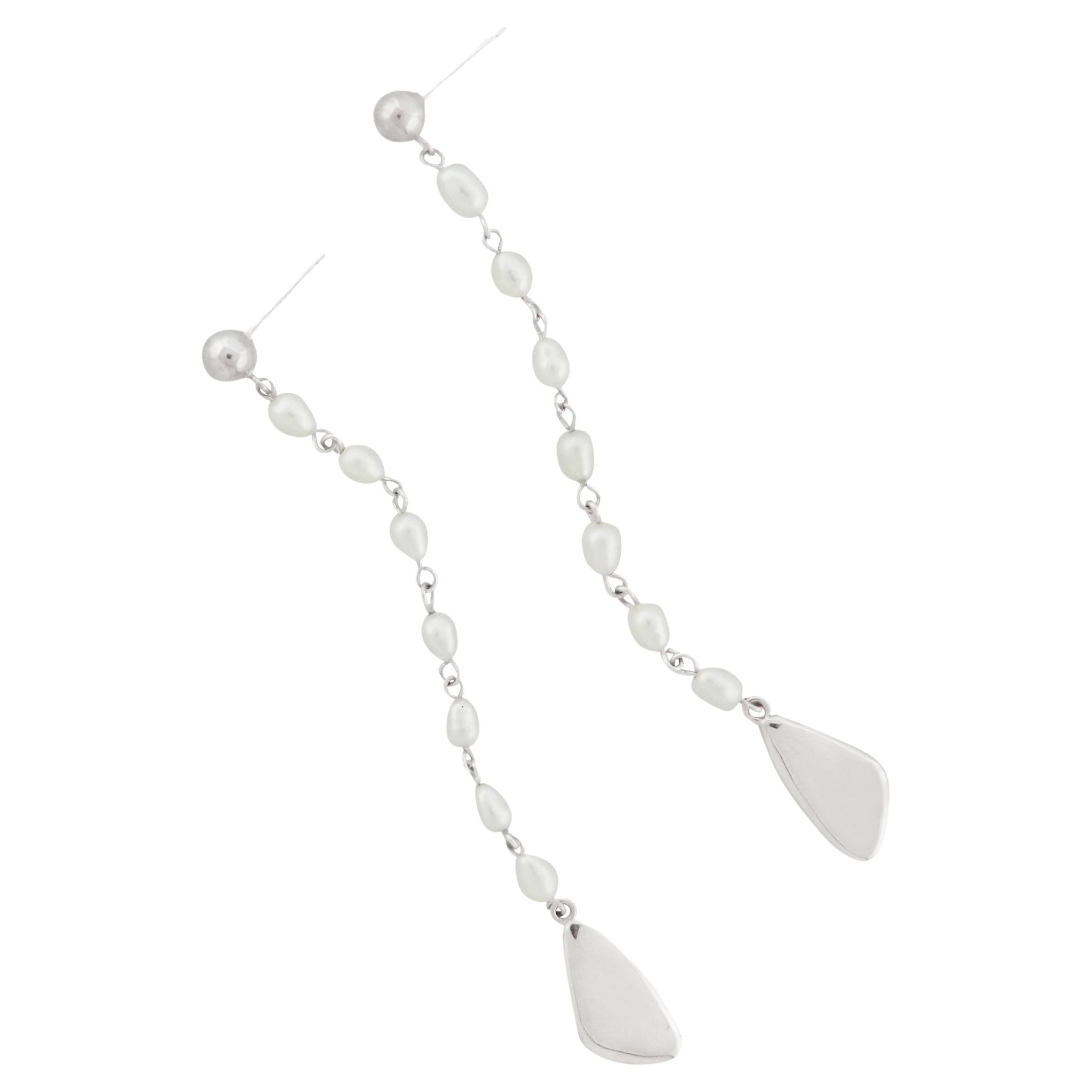 Casey Perez Freshwater Pearl and Sterling Silver Long Linear earrings For Sale