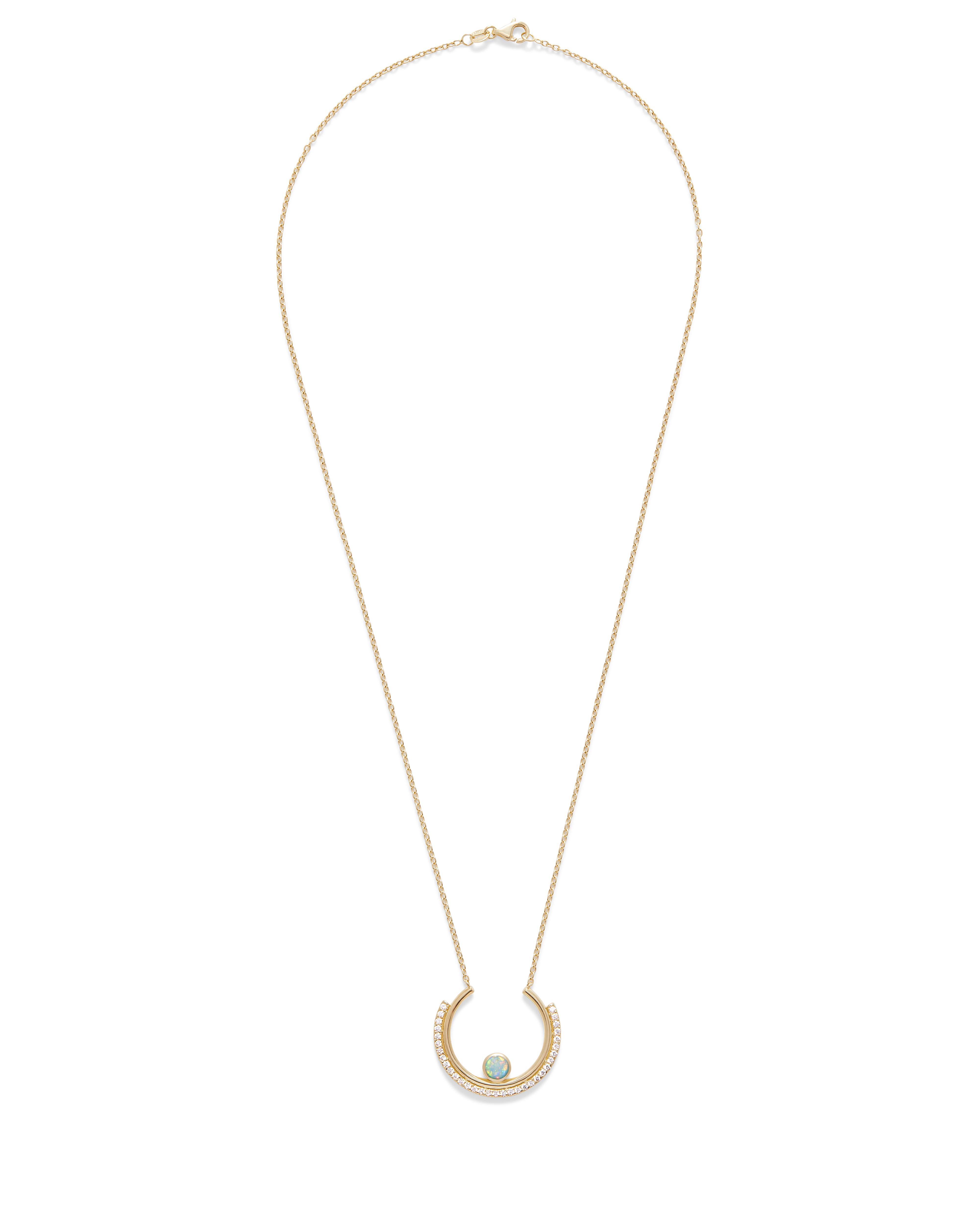 This modern pendant boasts a chic arc design complete with unique banded detailing. At the center sparkles a stunning opal, carefully set in a sleek bezel. The outer tier shimmers with dazzling pave diamonds. The necklace is made to a standard