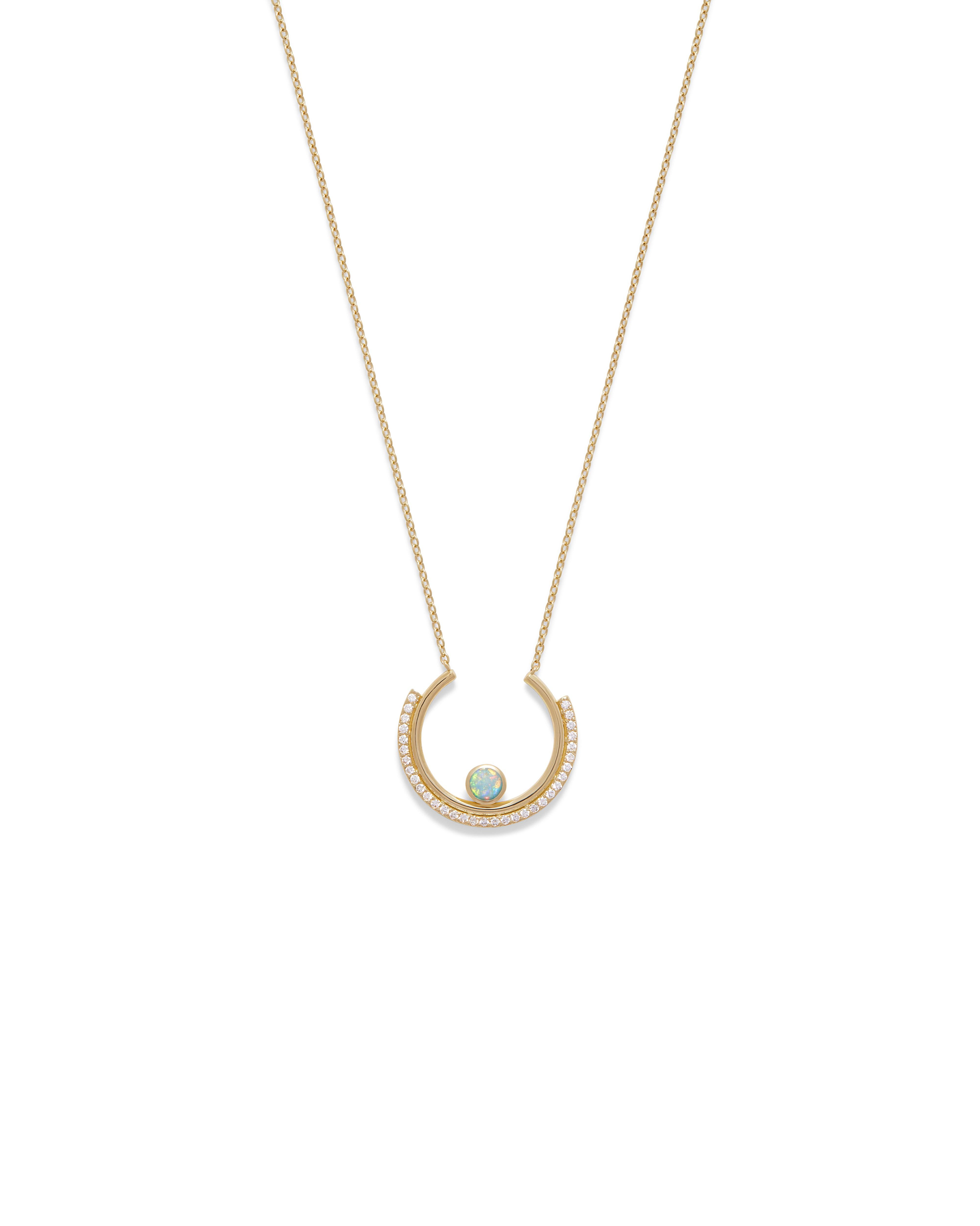 Contemporary Casey Perez Gold Arc Necklace with Opal and Brilliant Cut Diamonds on Gold Chain For Sale