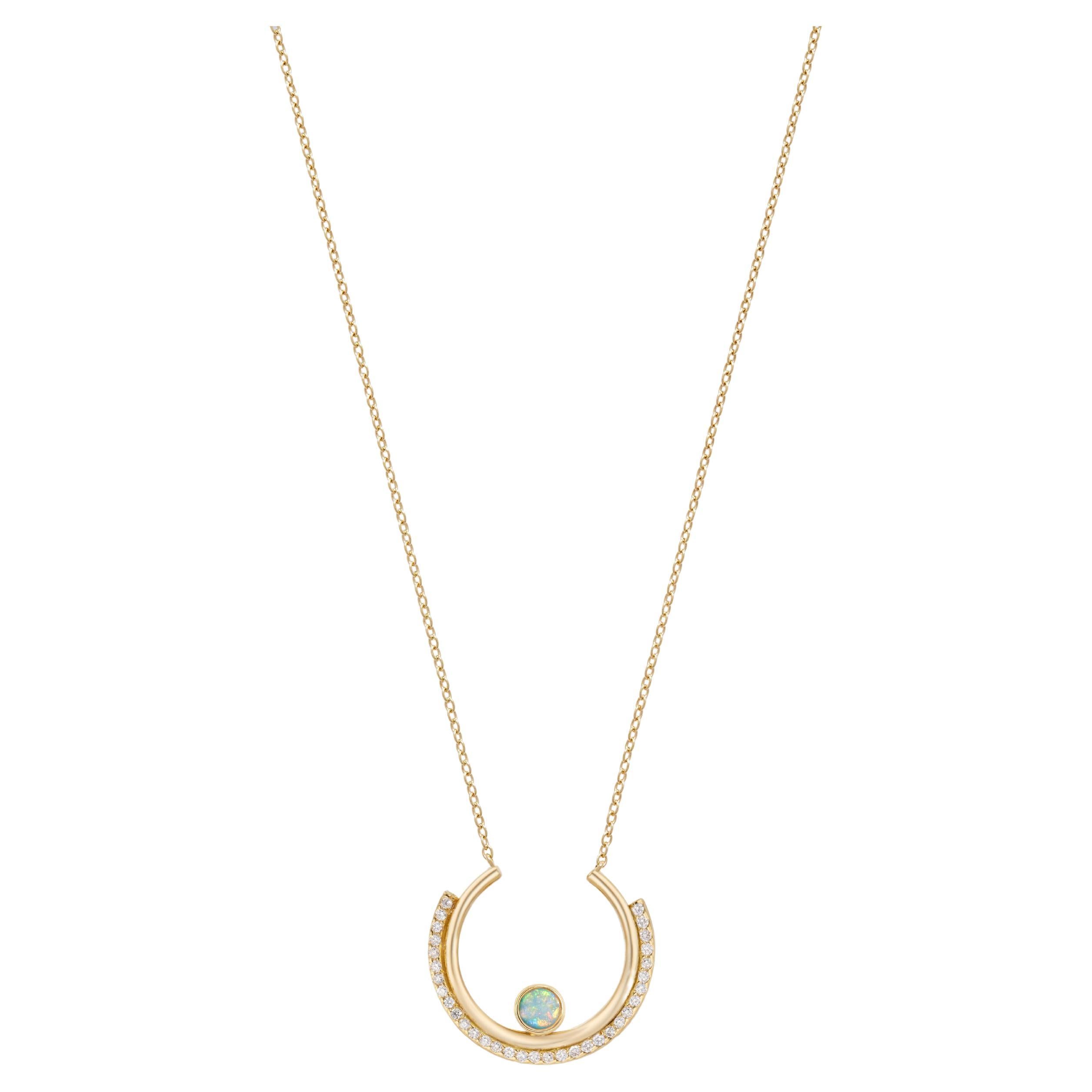 Casey Perez Gold Arc Necklace with Opal and Brilliant Cut Diamonds on Gold Chain For Sale