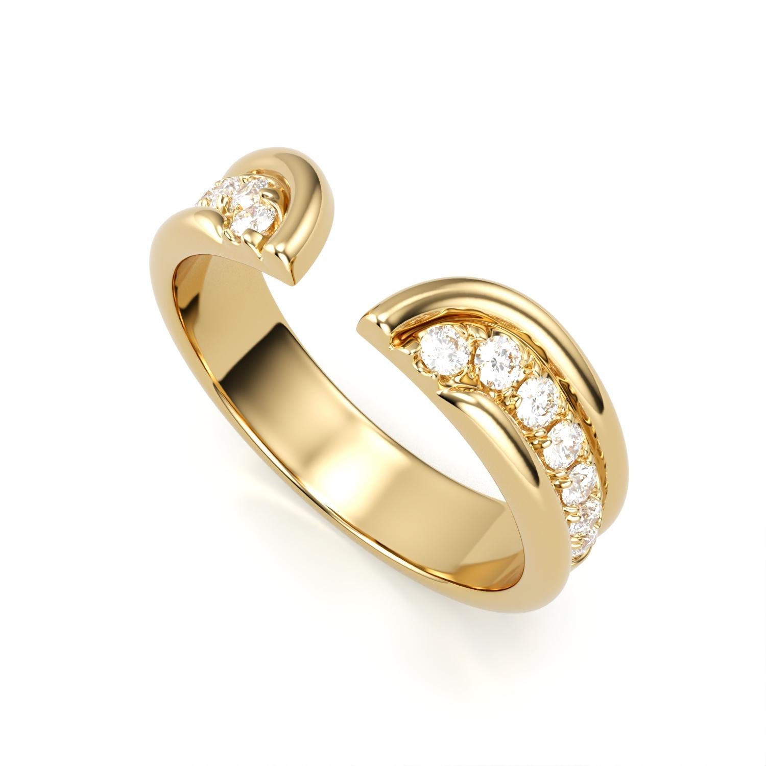 This modern yet minimal ring exudes understated cool and elegance. Meticulously crafted, its crisp banded detail surrounds a row of pave white diamonds that seamlessly curve and embrace the finger with a graceful flourish. This piece radiates an