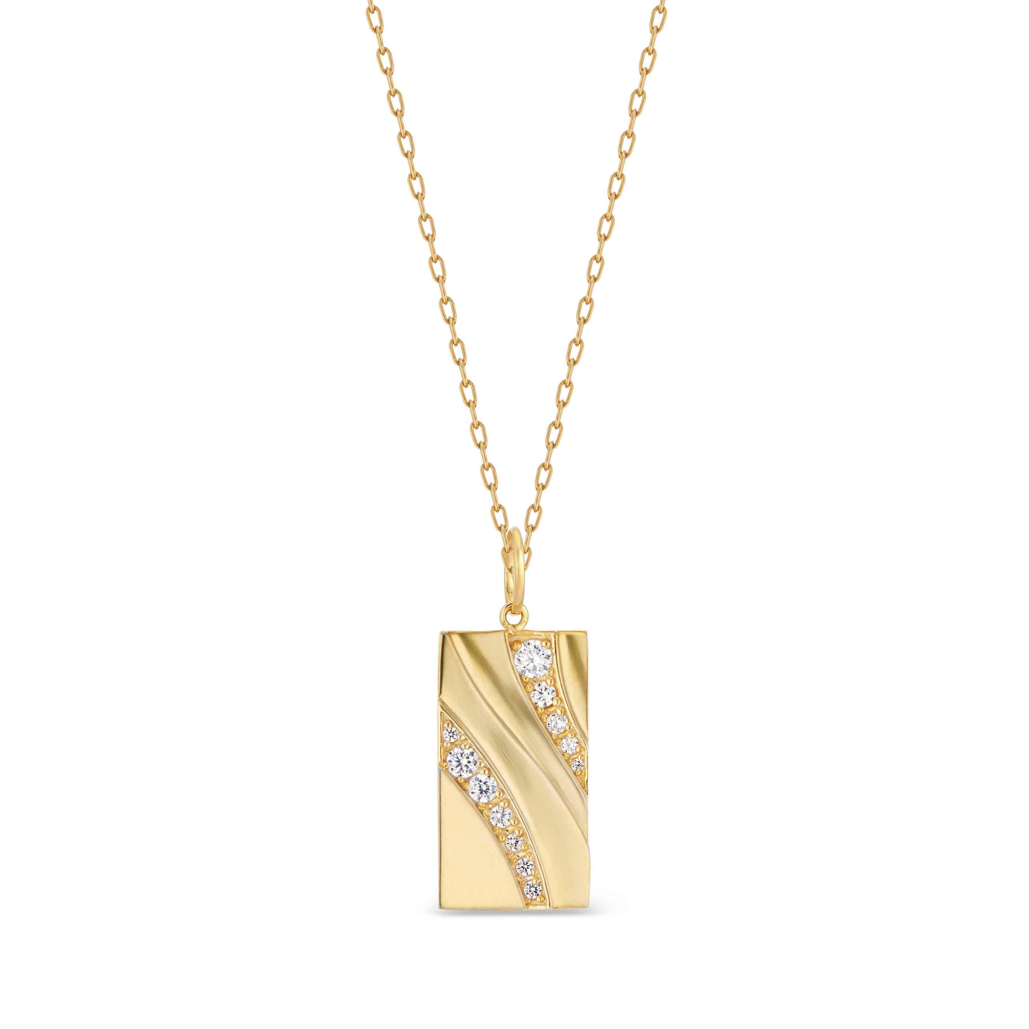 Contemporary Casey Perez Sculptural 14k gold diamond rectangular pendant with wave detail For Sale