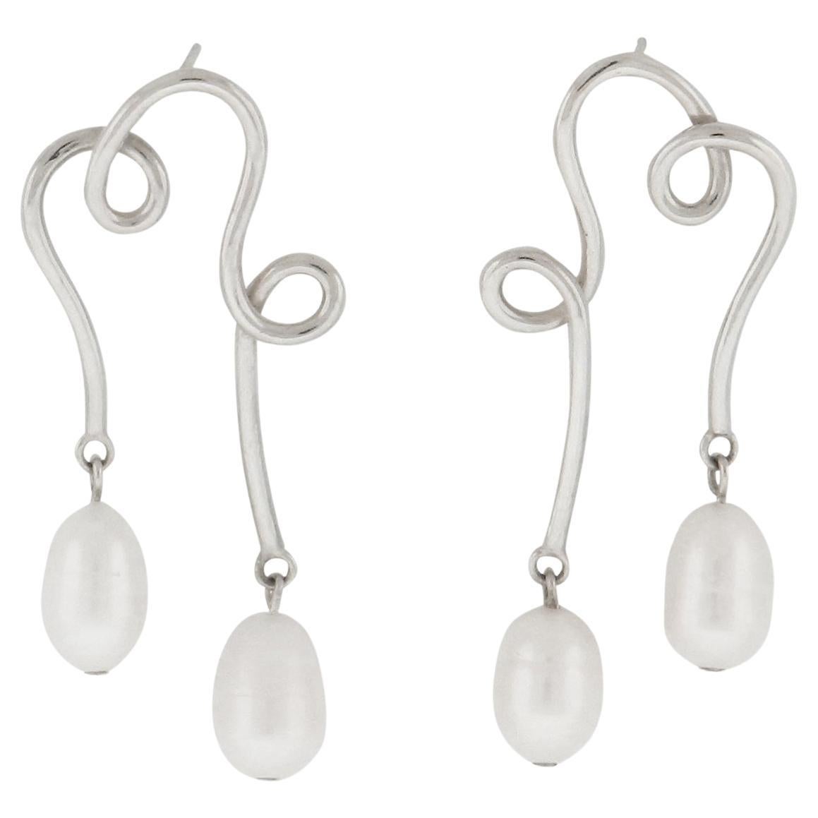 Casey Perez Sterling SIlver Sculptural Freshwater Pearl Earrings For Sale