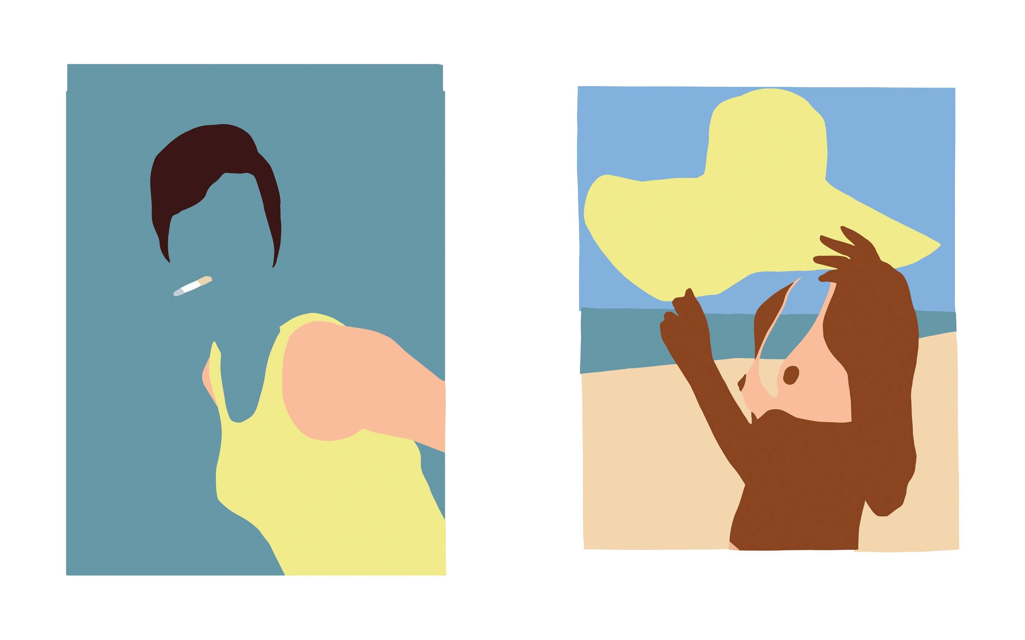 Casey Waterman Figurative Print – Zigarre und Sonnenhut,  Aus der Reihe "Warum diese Unruhe?"