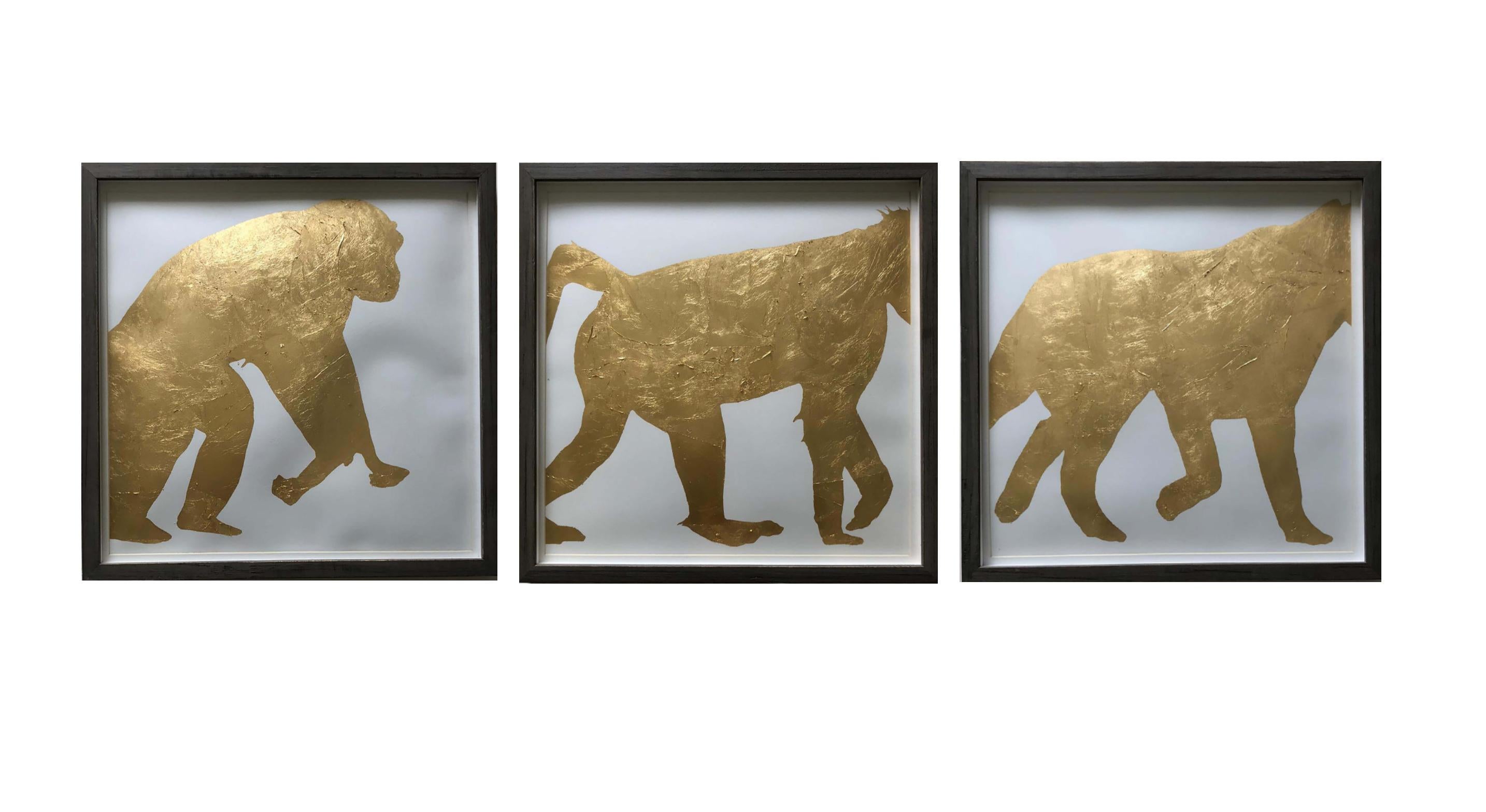 Casey Waterman Animal Painting - Three's Company, Triptych. From the origin series