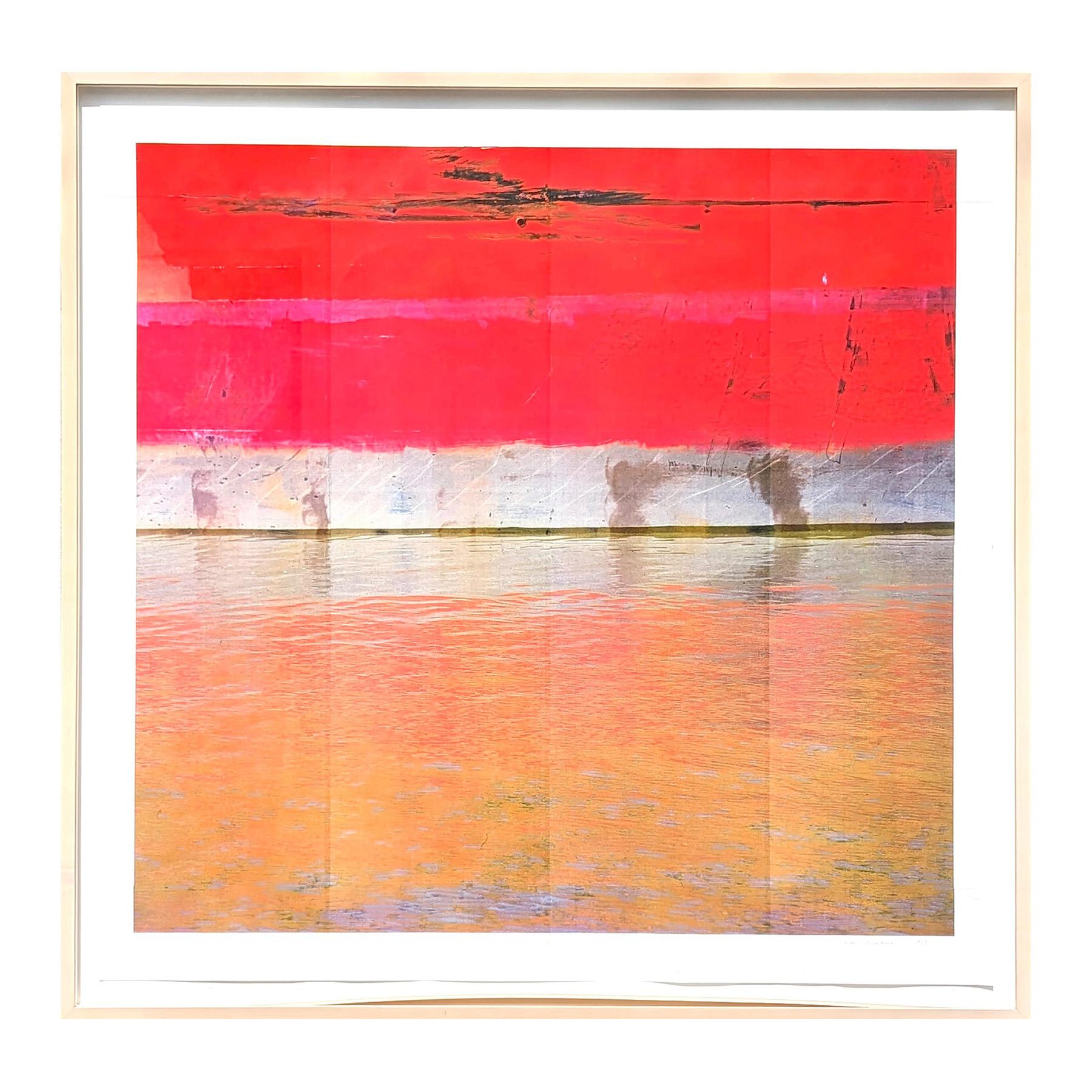 Color laser print photograph by contemporary photographer Casey Williams. The piece features a close up shot of the reflection of a red boat in the Houston ship channel. Signed, titled, and dated in pencil along front lower margin. Currently hung in