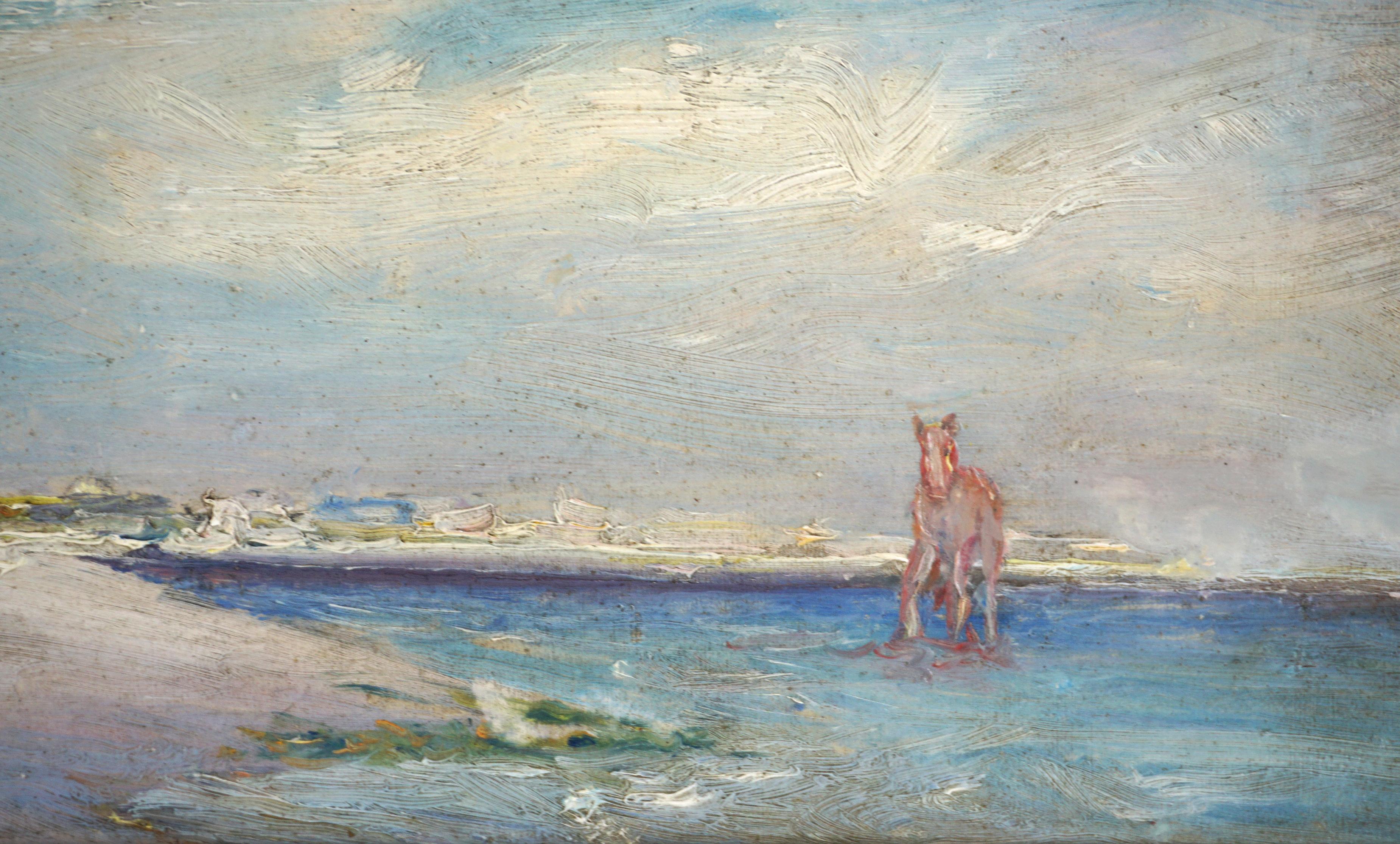 Early 20th Century Allegorical Figurative -- Pale Horse Coming to Shore - American Impressionist Painting by Cash Arthur Bond