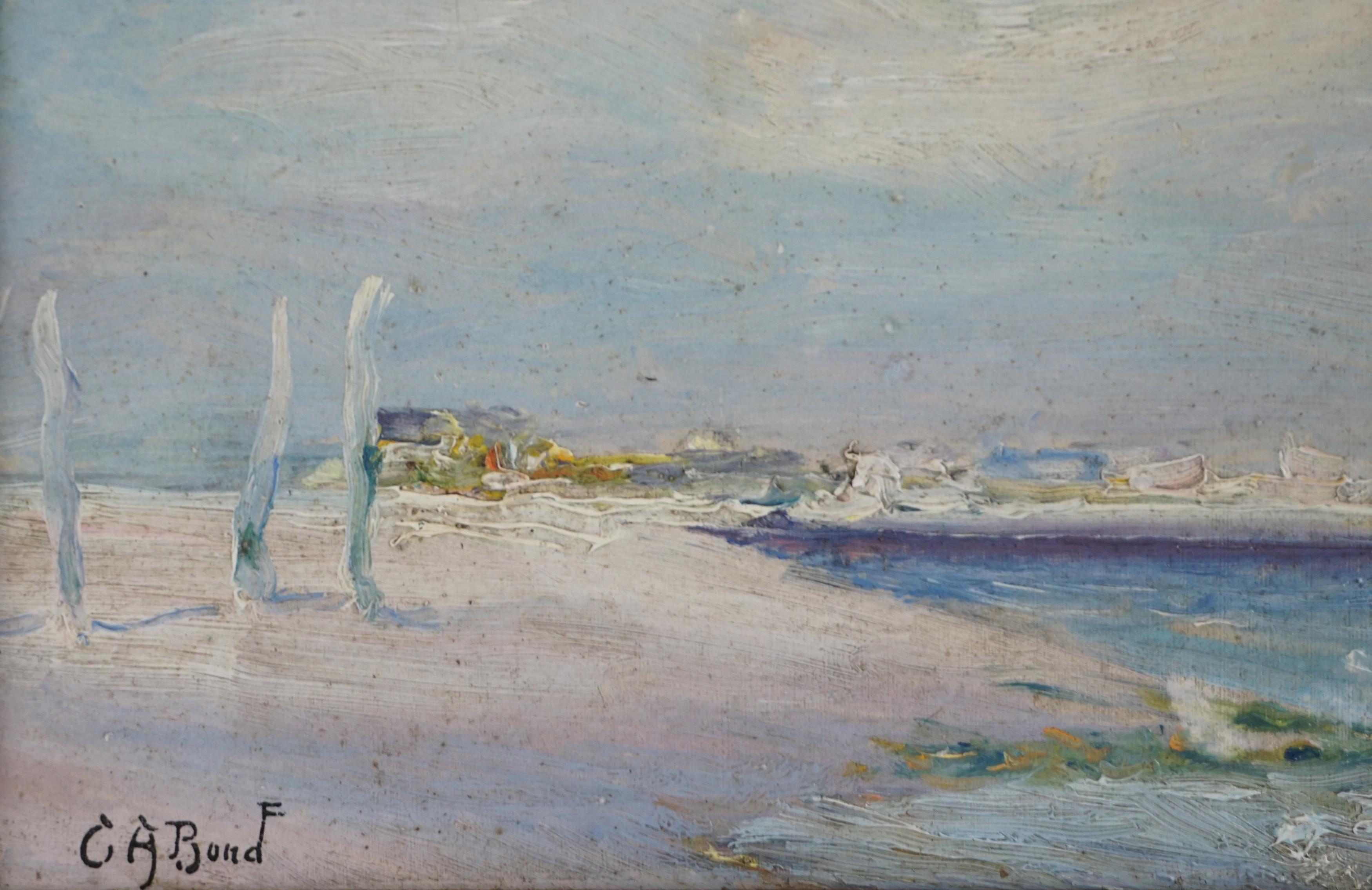 Charmante peinture impressionniste sur le thème allégorique d'un cheval pâle arrivant sur le rivage par Cash Arthur Bond (Américain, 1876 - 1952), vers 1900. Signé 